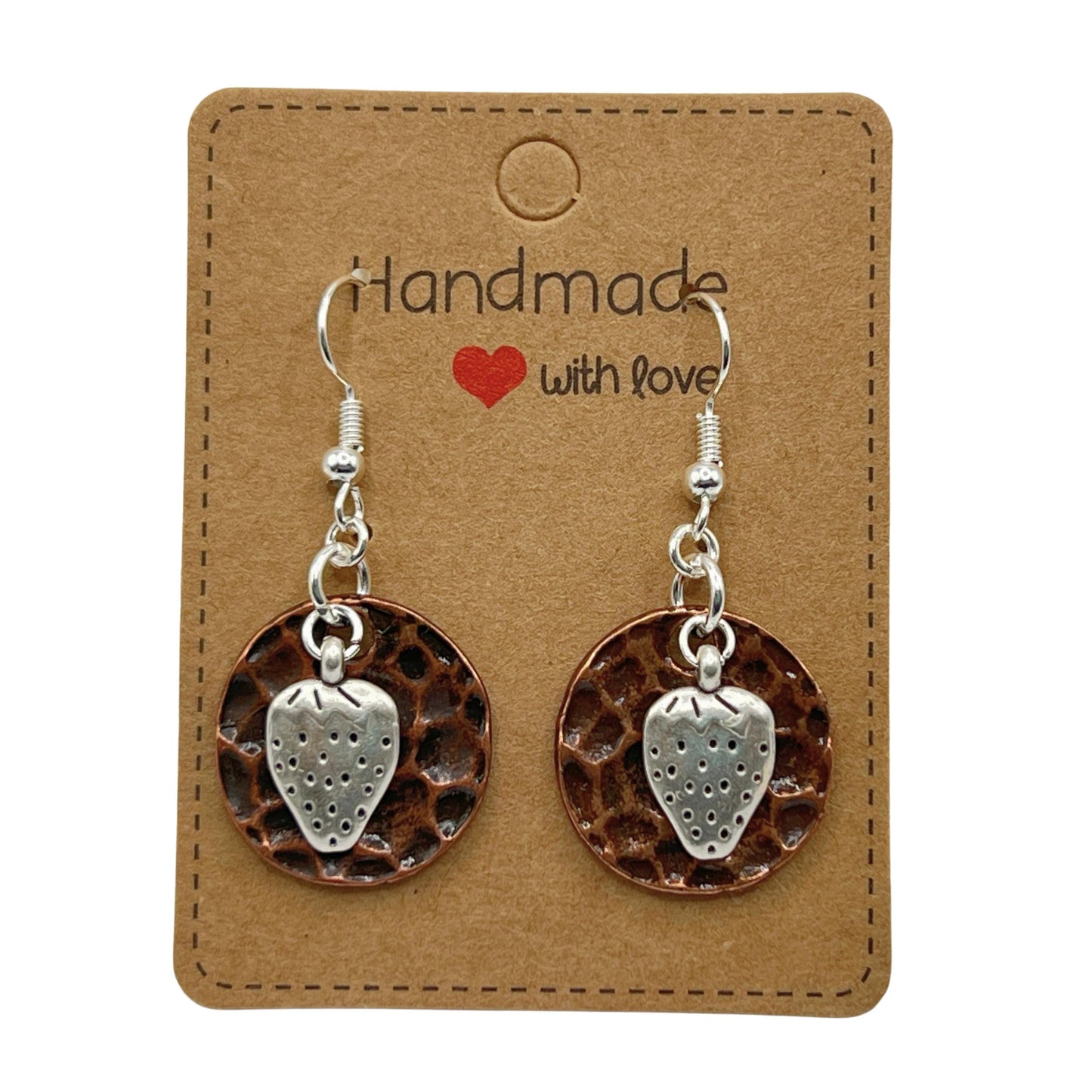 Strawberry Charm Dangle Earrings – Hammered Copper & Silver Disc, Whimsical Fruit Jewelry Gift