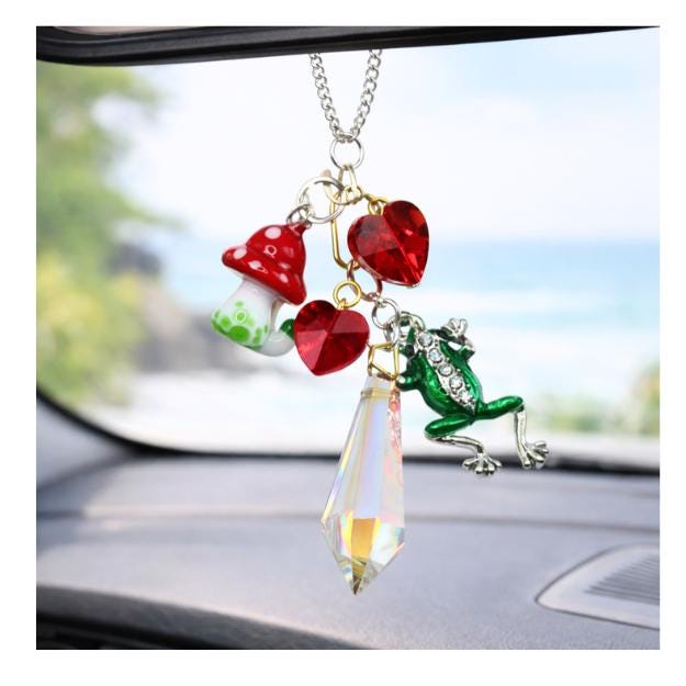 Frog Car Charm – Glass Mushroom Prism Rear View Mirror Sun Catcher, Cottagecore Handmade Gift