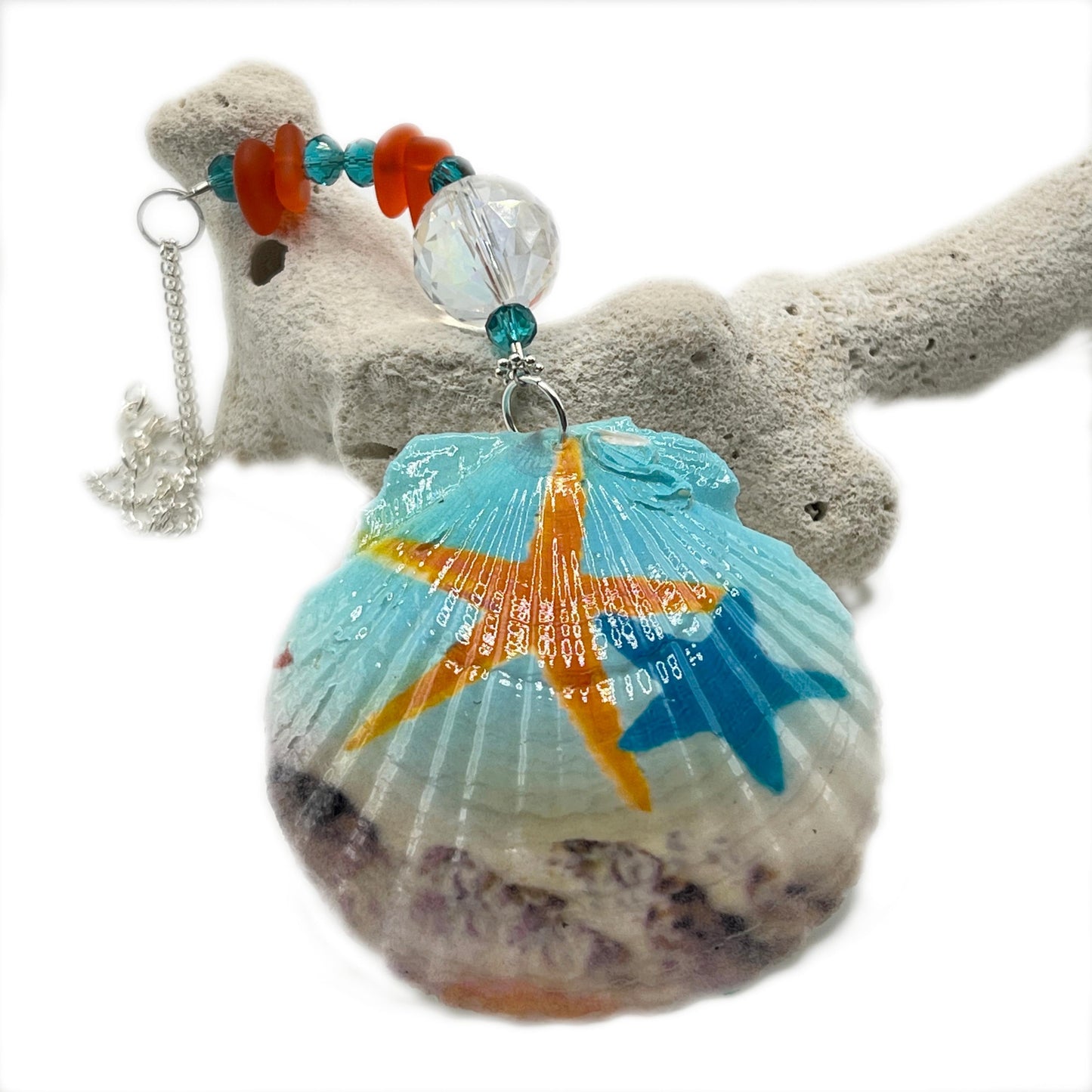 Painted Seashell Sun Catcher – Starfish Design with Sea Glass, Rear View Mirror or Window Decor