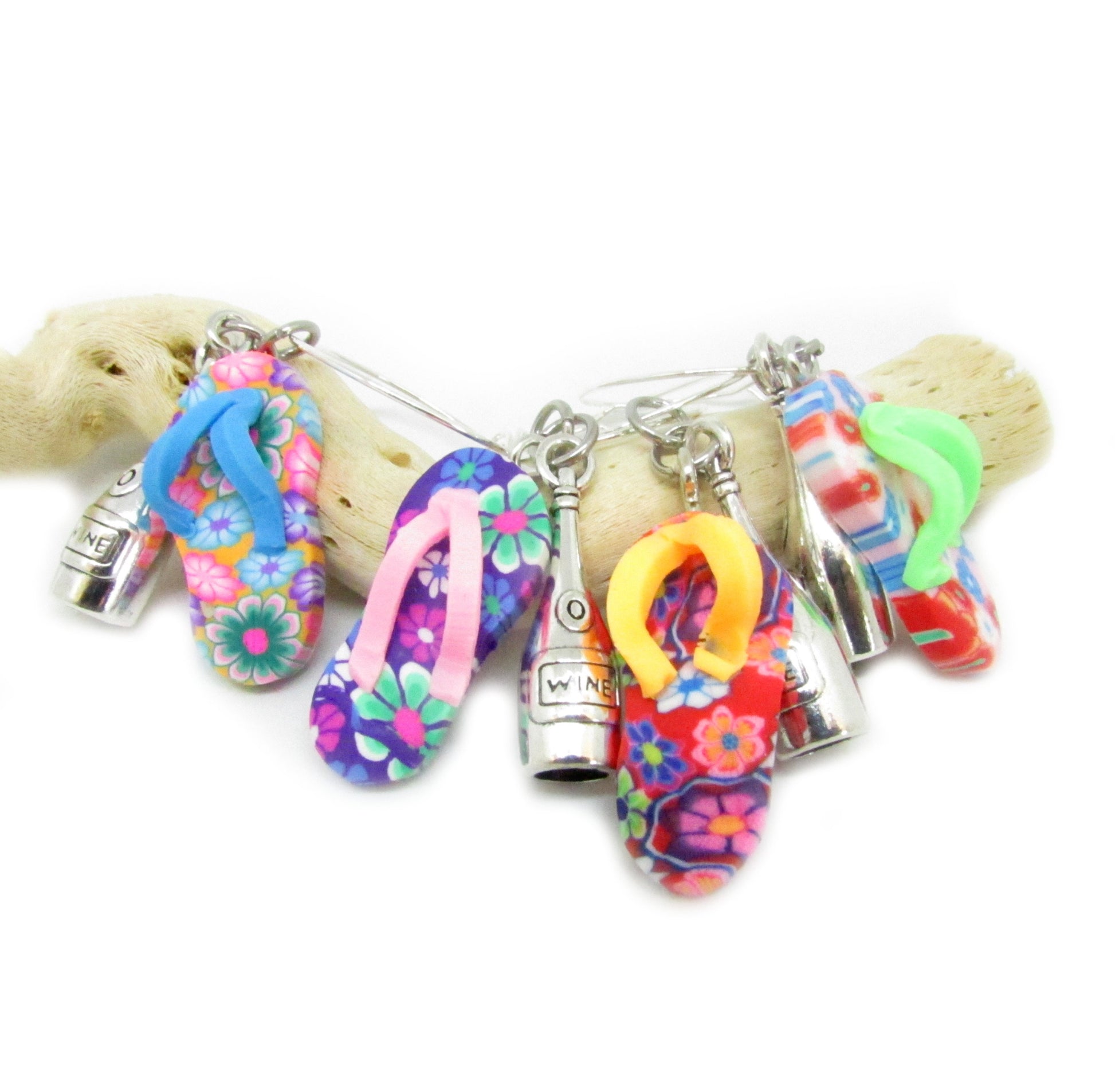 Handmade tropical flip flop wine glass charms with colorful beads, set of 4 or 6 beach party favors