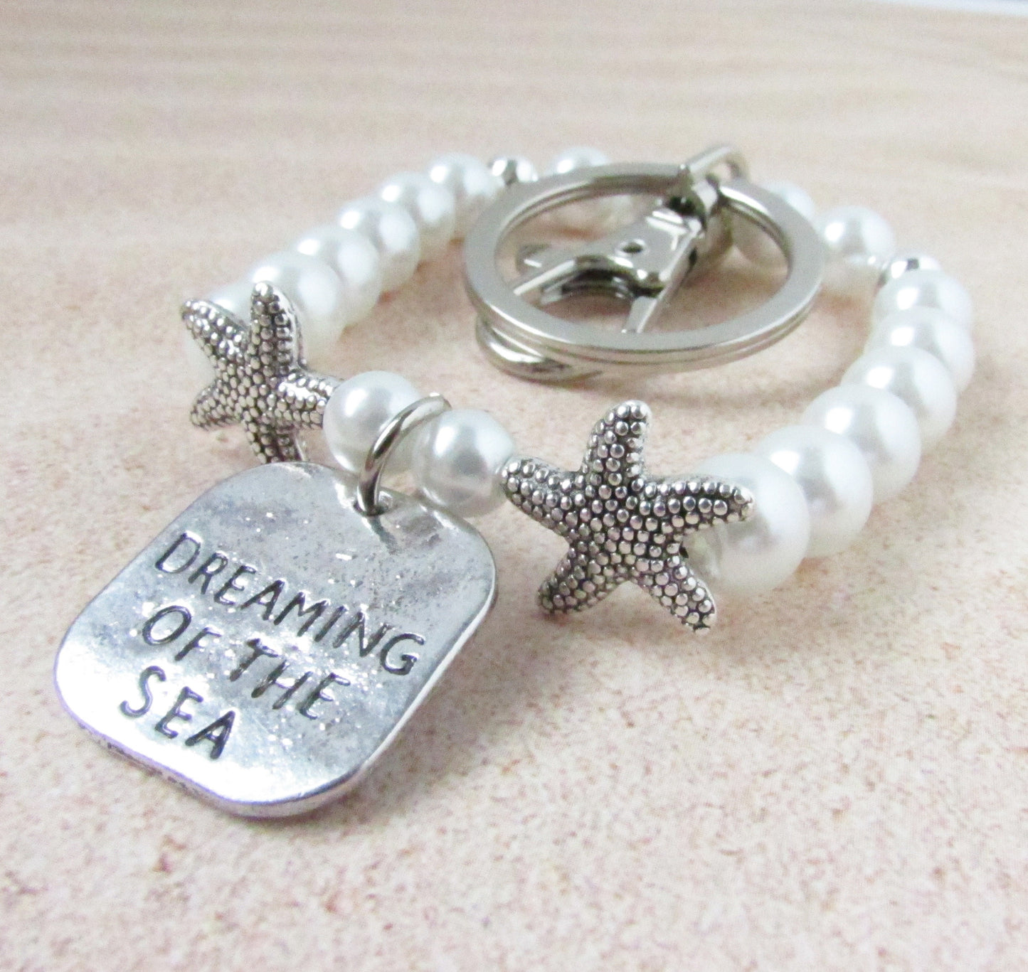 Pearl Bracelet Keychain – Starfish Charms & Beach Quote Wristlet, Elegant Coastal Gift for Her