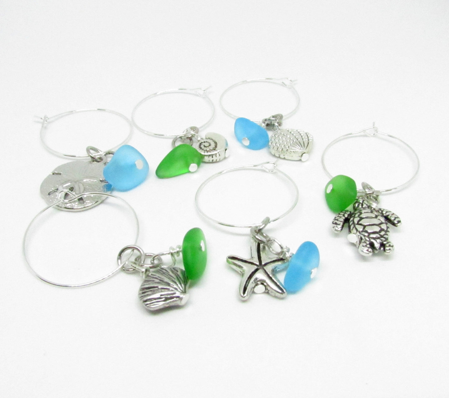 Sea Glass Wine Glass Charms – Nautical Beach Hostess Gift with Sea Turtle & Starfish, Set of 6