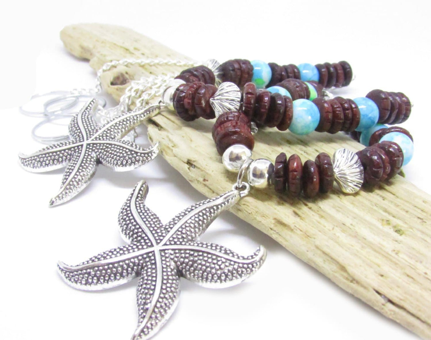 Starfish Curtain Tiebacks – Rustic Wood Bead & Sea Blue Nautical Beach Home Decor (Set of 2)