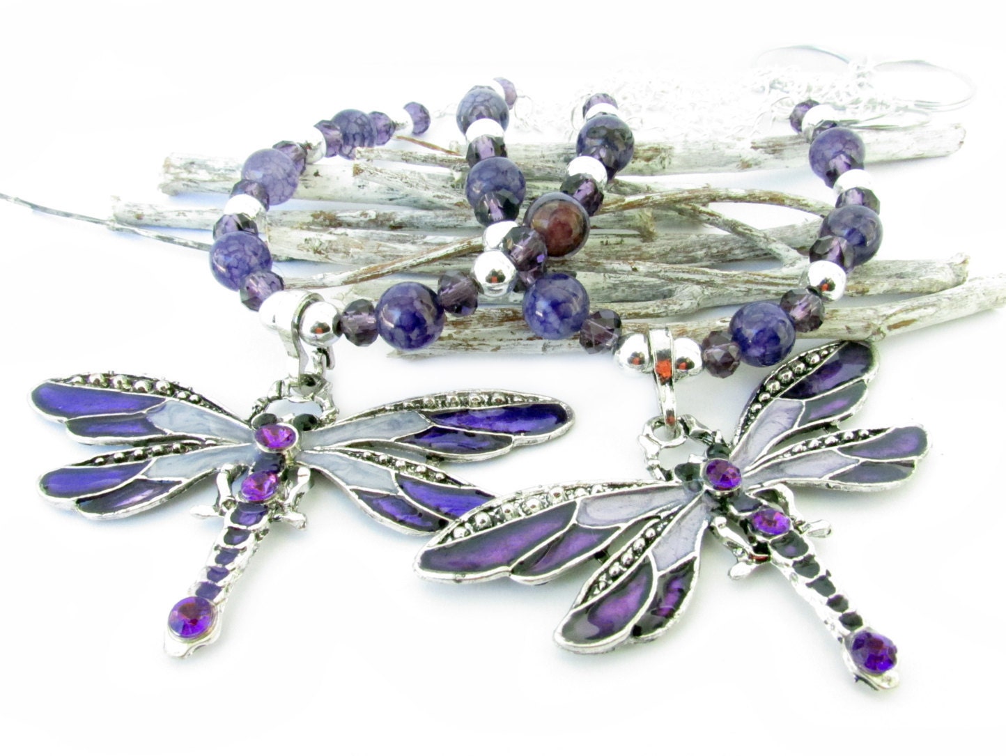 Purple Dragonfly Curtain Tiebacks – Beaded Shabby Chic Girls Room Decor, Handmade Set of 2