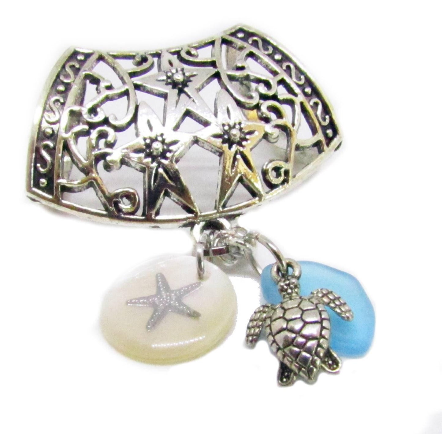 Seashell Scarf Slide – Sea Turtle, Starfish & Blue Sea Glass Coastal Scarf Jewelry