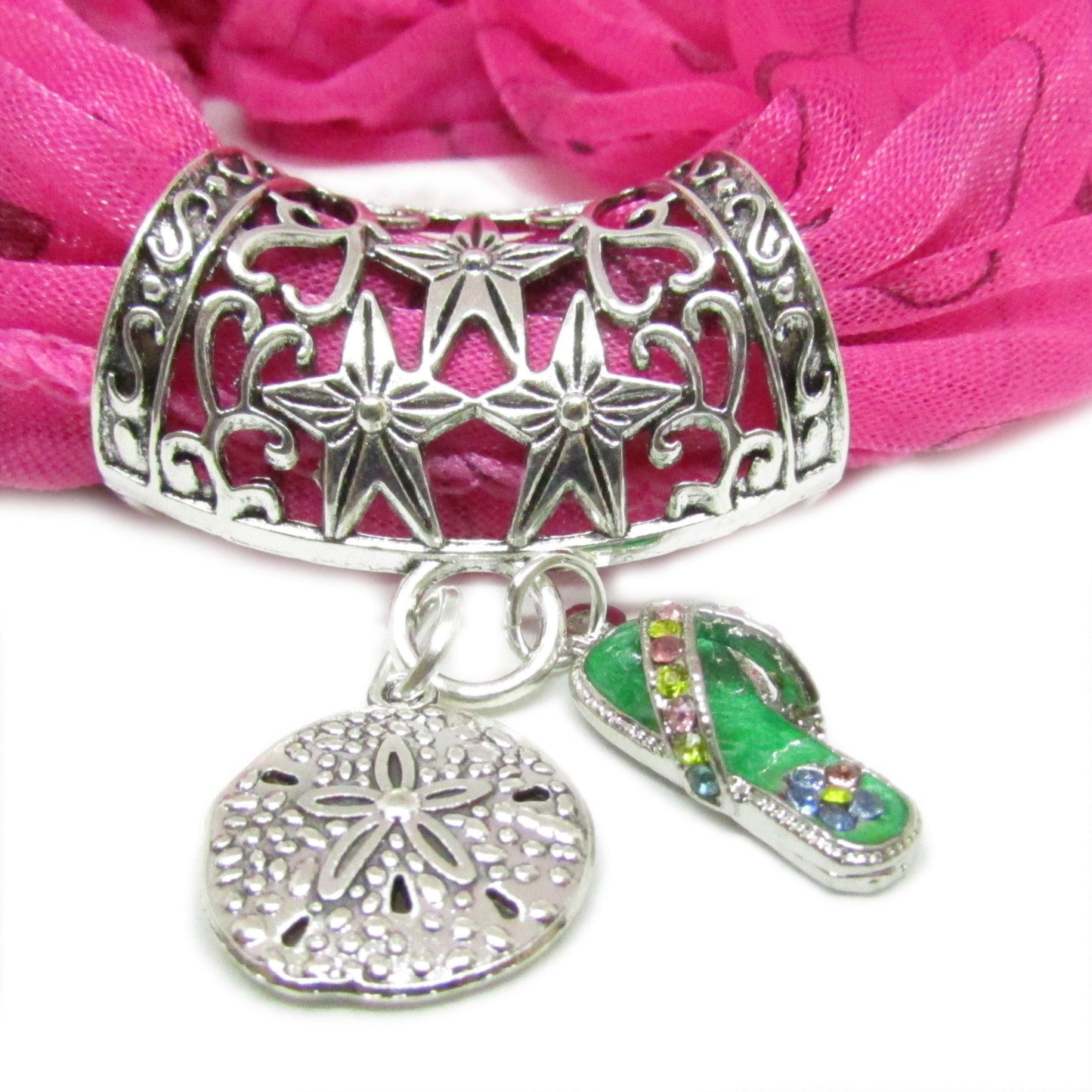 Sand Dollar & Flip Flop Scarf Slide – Rhinestone Beach Scarf Jewelry, Coastal Accessory Gift