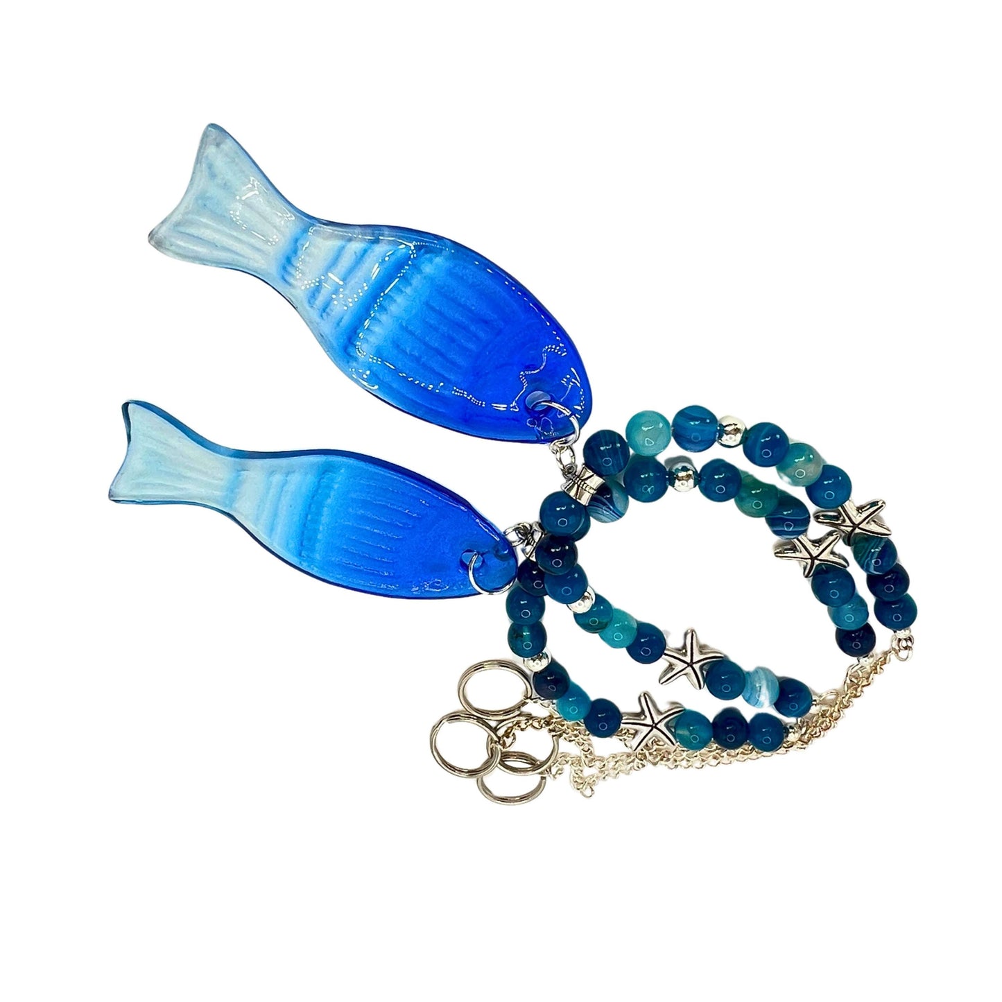 Blue Glass Fish Curtain Tiebacks – Ombre Beaded Nautical Beach Home Decor, Handmade Set of 2