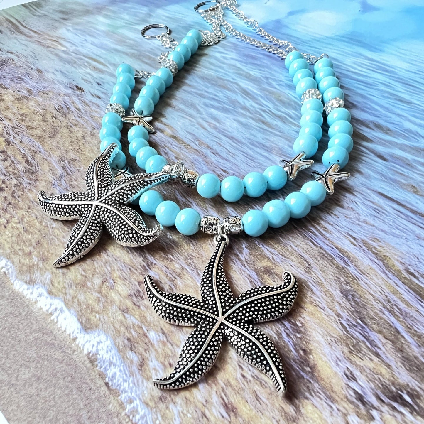 Starfish Curtain Tiebacks – Sea Green Beaded Coastal Shabby Chic Decor, Set of 2
