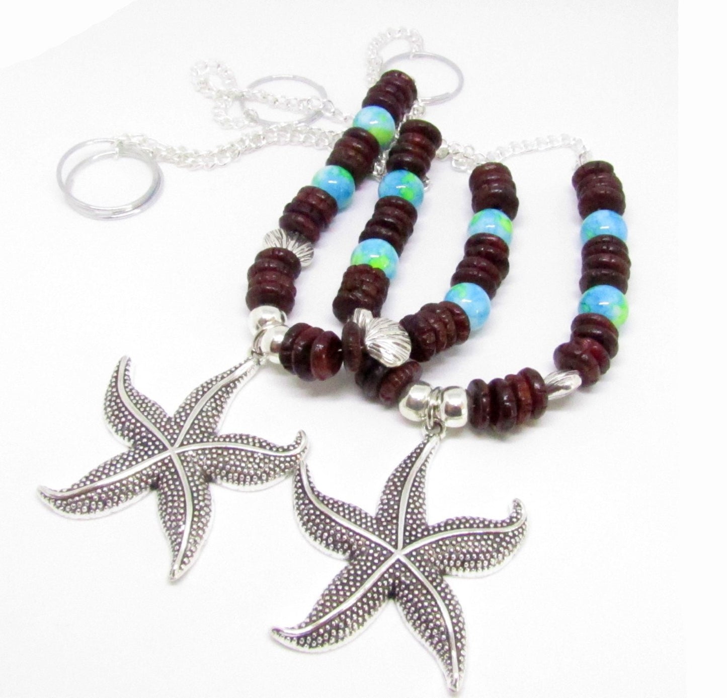 Starfish Curtain Tiebacks – Rustic Wood Bead & Sea Blue Nautical Beach Home Decor (Set of 2)