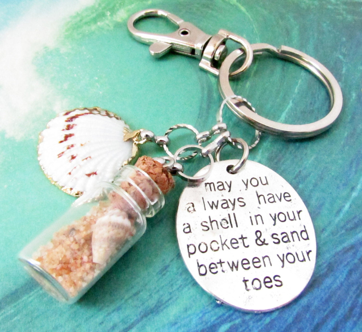 Seashell Keychain – Mermaid Charm, Beach Sand Bottle & Quote (Keychain or Car Charm)