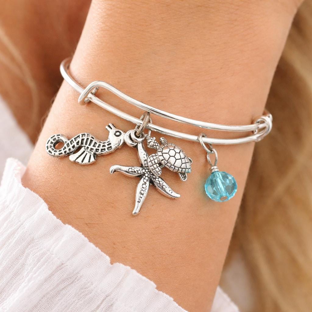 Sea turtle, starfish, and seahorse charm bangle bracelet — handmade coastal beach jewelry
