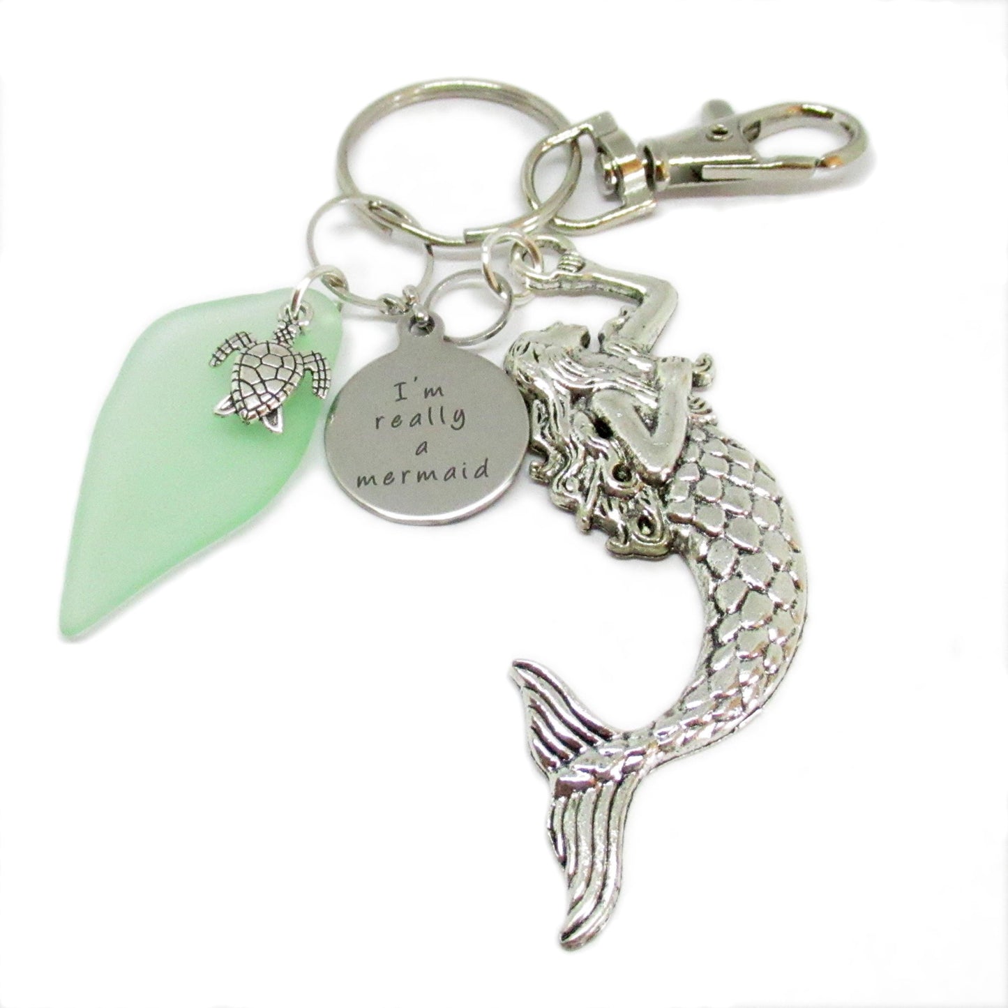 Mermaid Keychain – Sea Glass Charm in Blue or Green, Beach Gift for Women (Keychain or Car Charm)