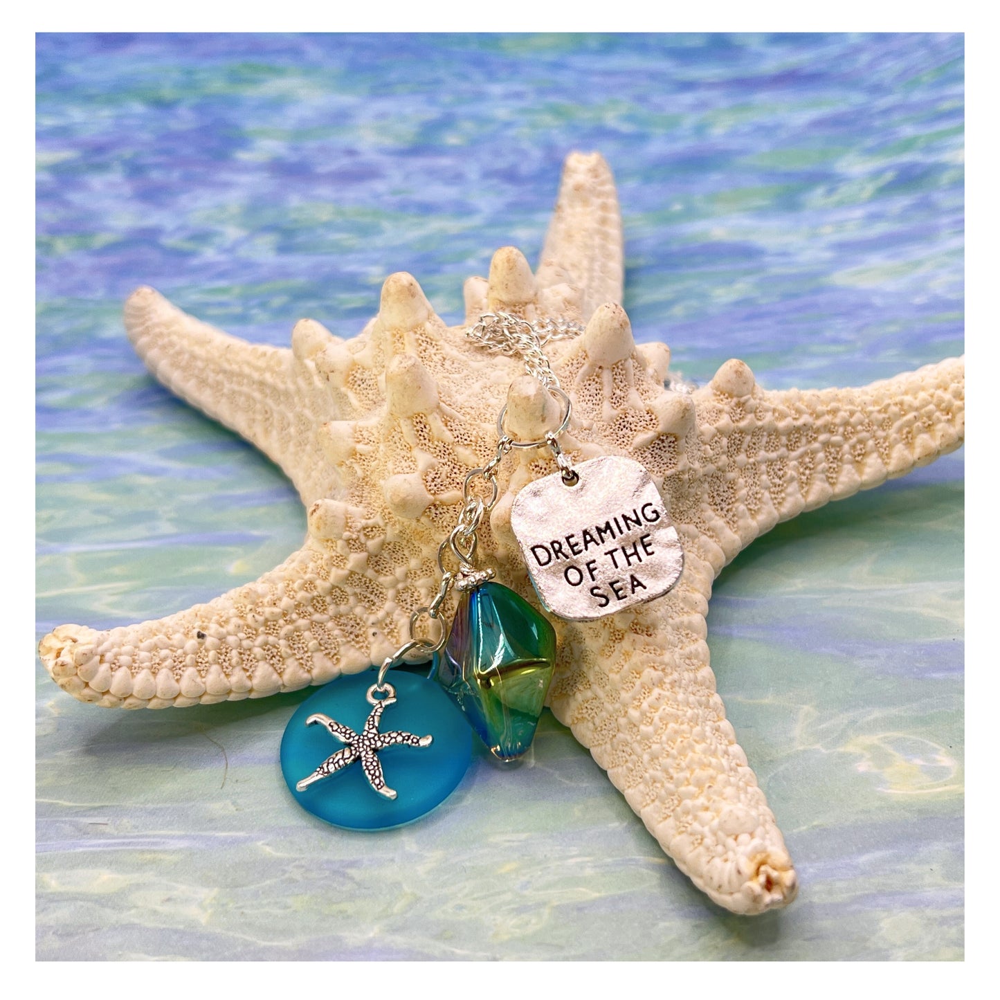 Starfish Car Charm – Sea Glass Rear View Mirror Ornament with Beach Quote