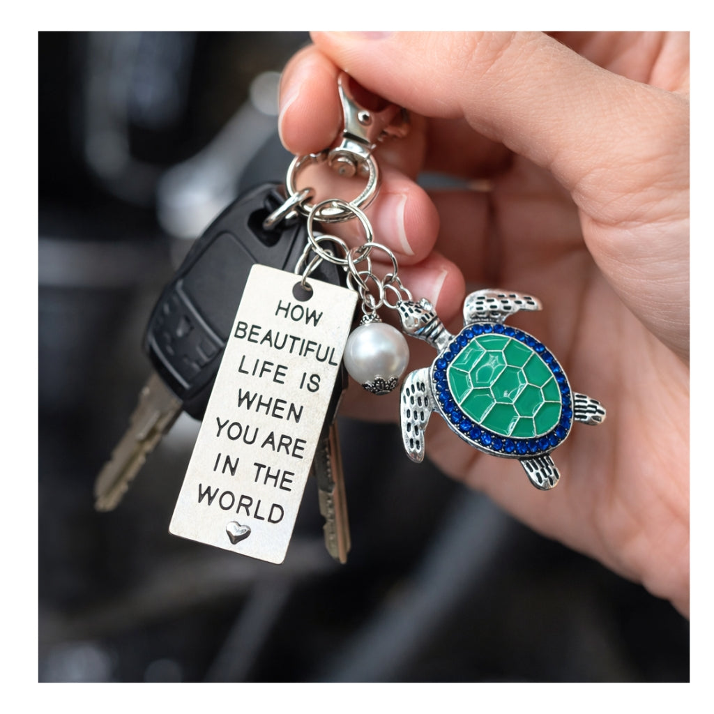 Sea Turtle Keychain – Abalone Shell Beach Keyring, Ocean Lover Gift