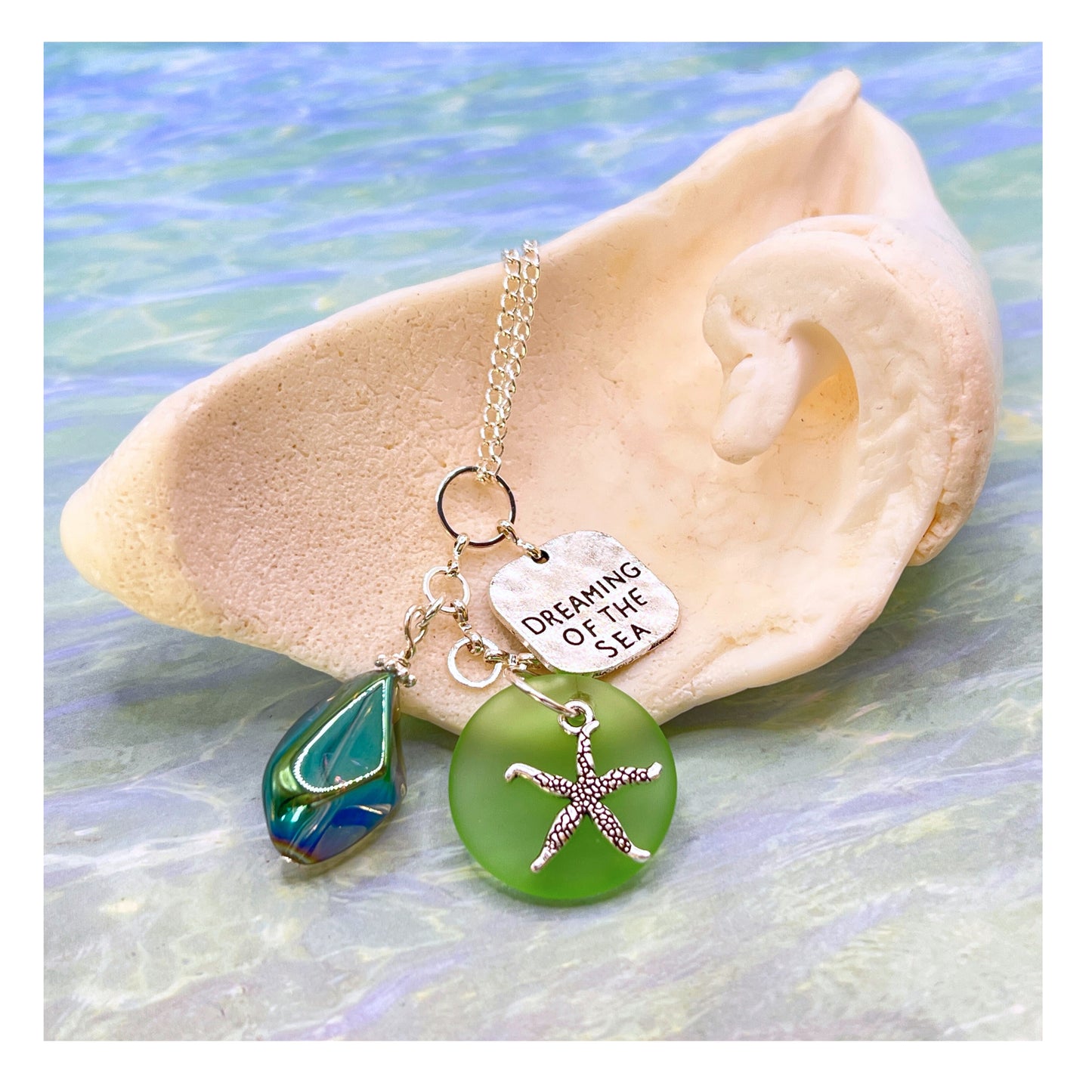Starfish Car Charm – Sea Glass Rear View Mirror Ornament with Beach Quote