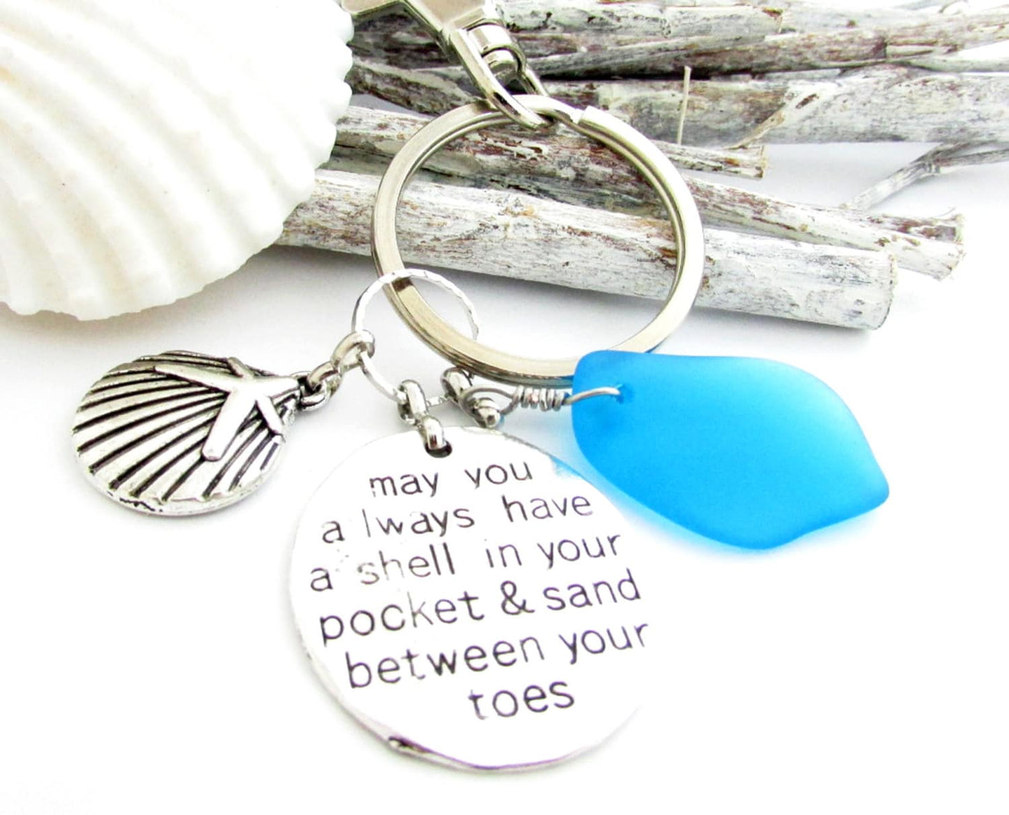Sea Glass Keychain – Starfish & Shell Charm, Handmade Coastal Beach Lover Gift