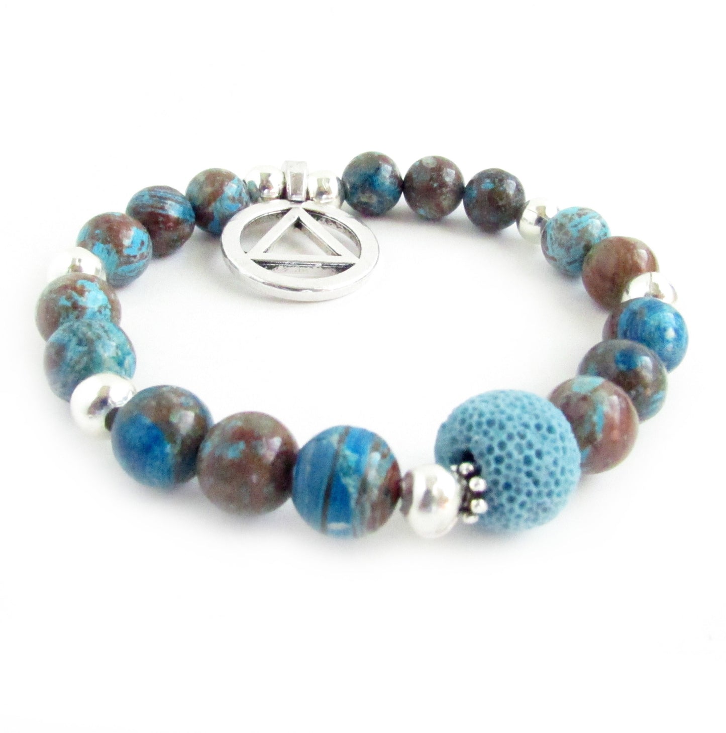 AA Sobriety Bracelet – Blue Crazy Lace Agate & Lava Bead Recovery Jewelry with AA Symbol or Let Go Let God Charm