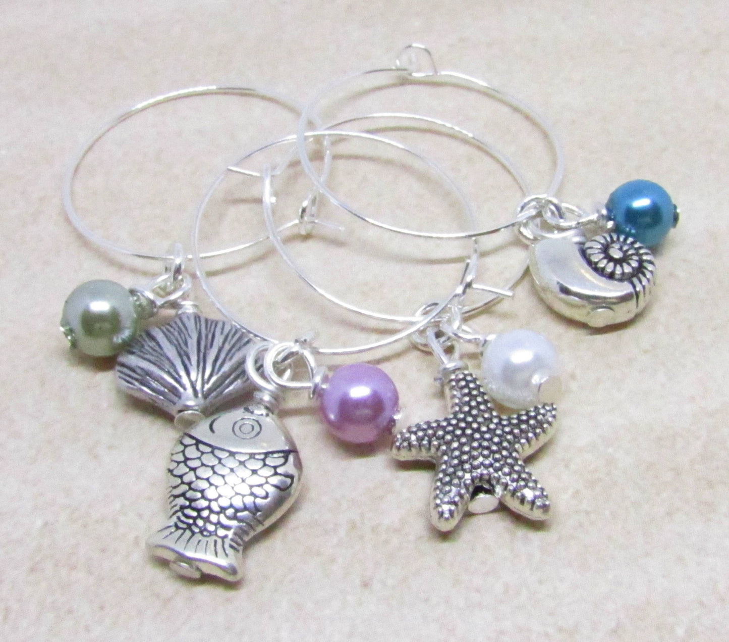 Beach Wine Glass Charms – Shell, Fish & Starfish with Pearl Beads, Coastal Hostess Gift Set of 4
