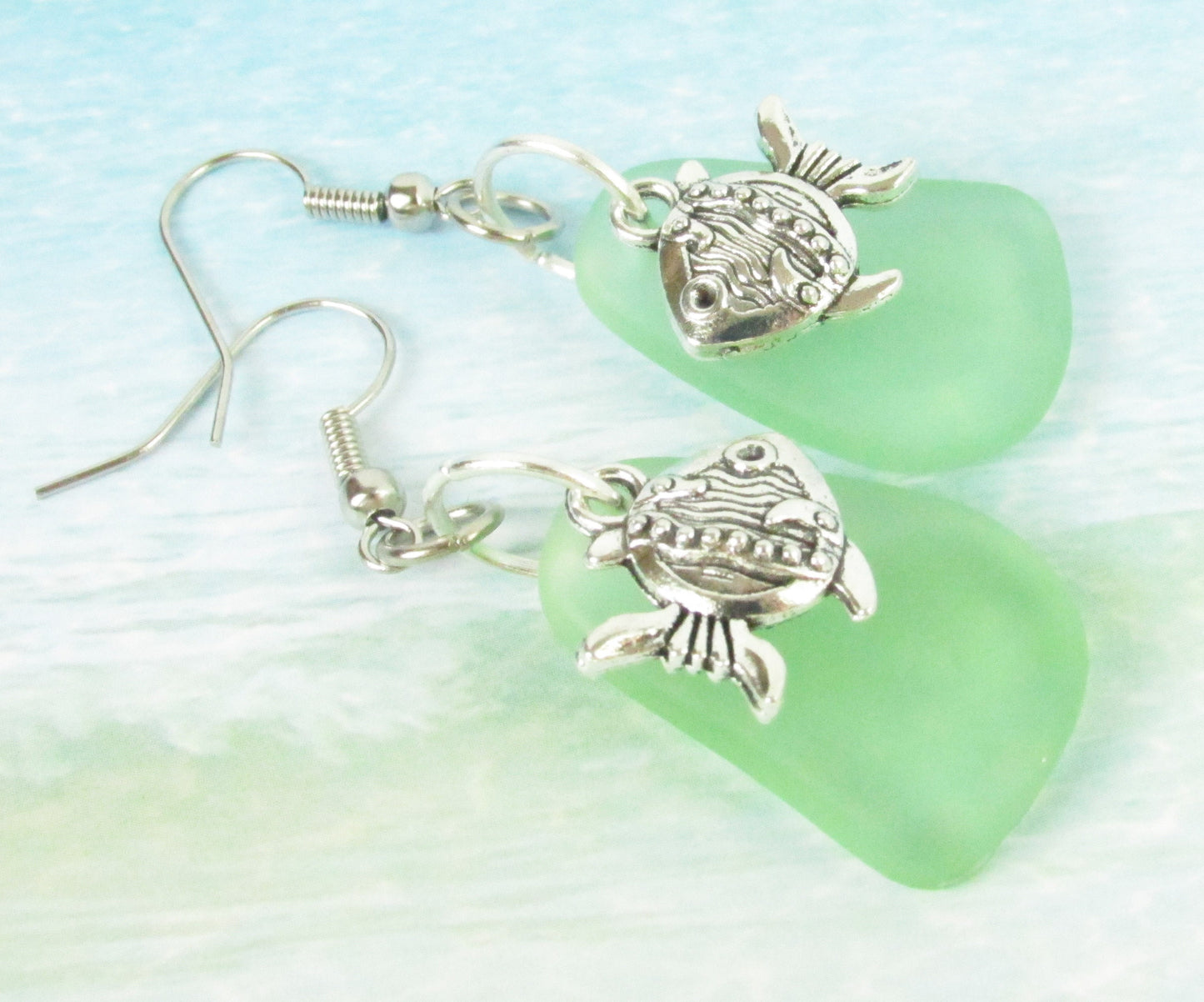 Sea Glass Goldfish Dangle Earrings – Green Eco-Friendly Coastal Beach Jewelry Gift for Her