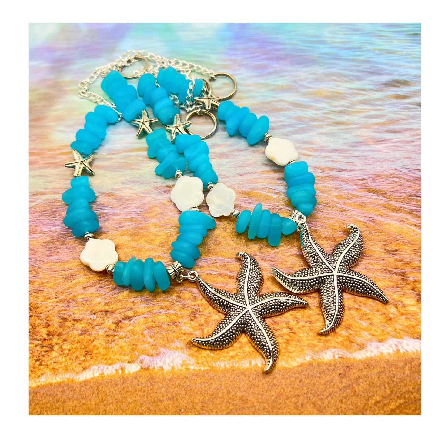 Starfish Curtain Tiebacks – Blue Sea Glass Beaded Coastal Beach Decor, Set of 2