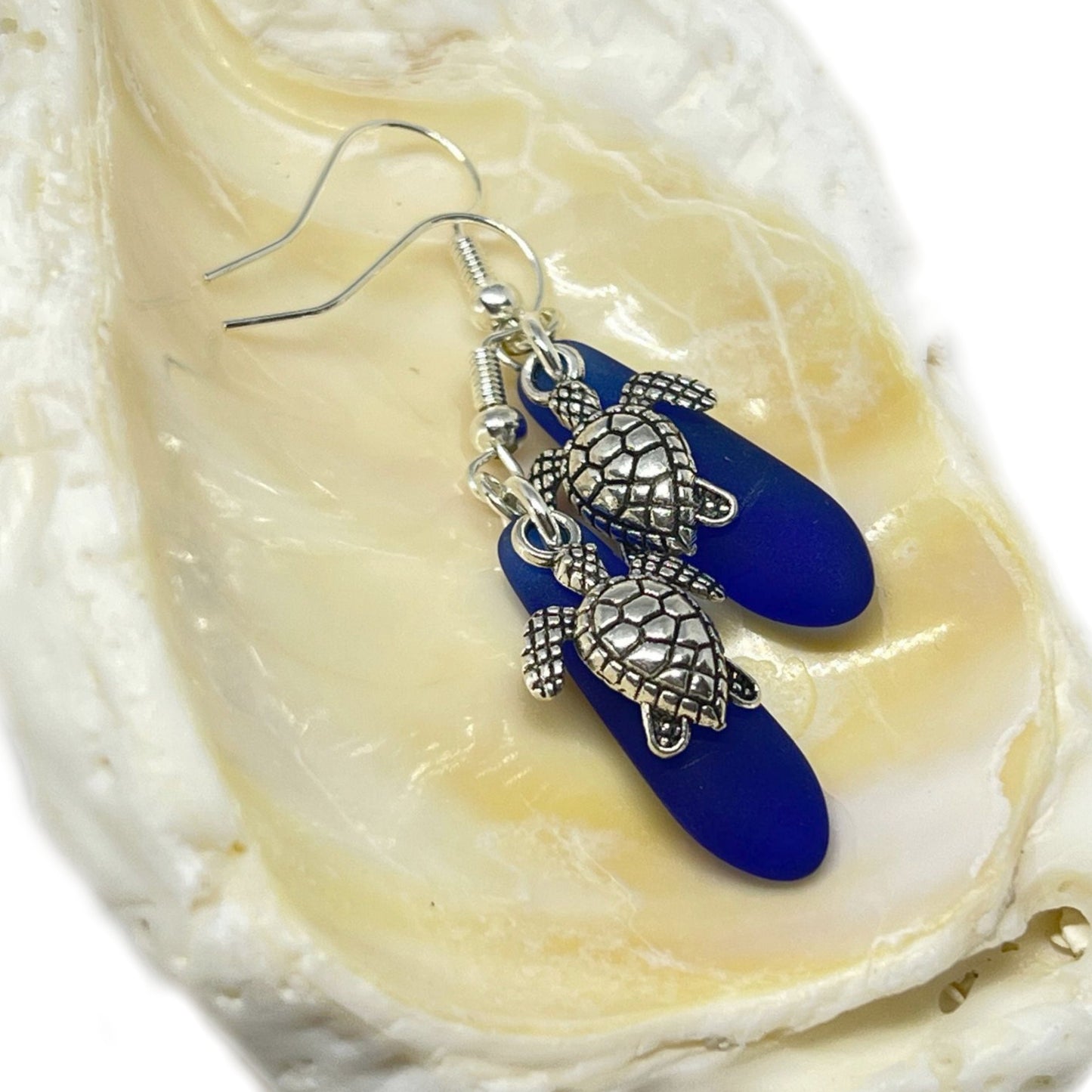 Sea Turtle Sea Glass Earrings – Cobalt Blue Handmade Ocean Jewelry