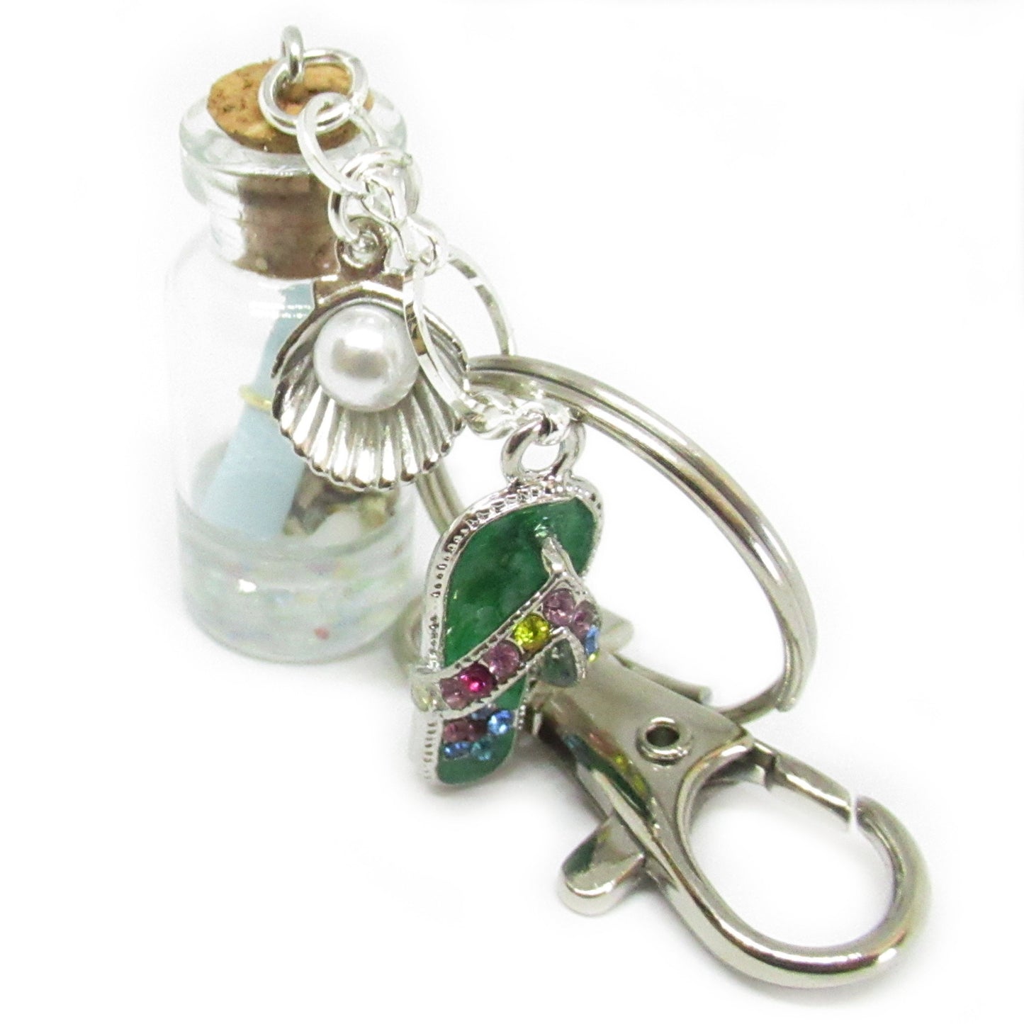 Beach Bottle Keychain – Rhinestone Flip Flop Charm with Sand & Shells, Coastal Gift for Her