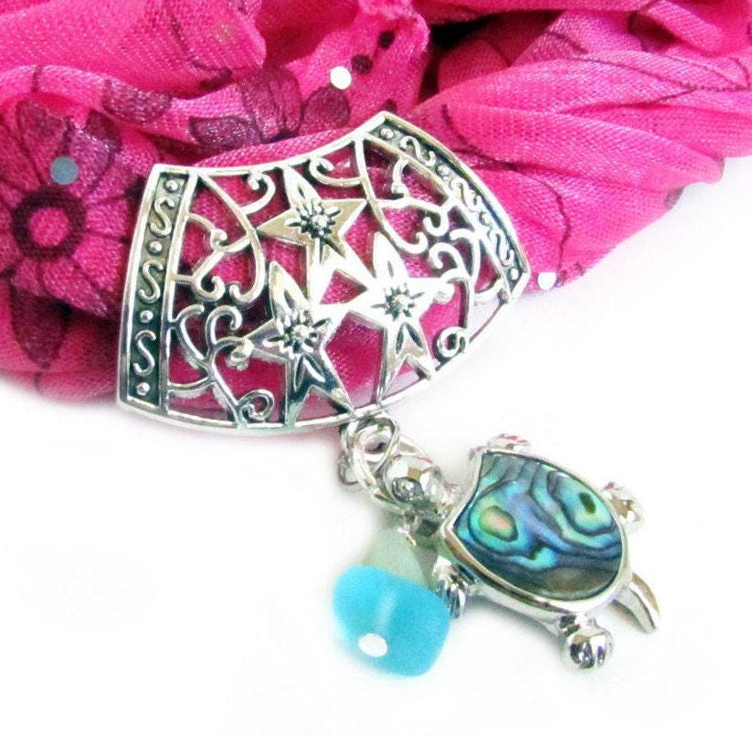 Sea Glass Turtle Scarf Slide – Abalone Shell & Sea Glass Chip Coastal Scarf Jewelry Gift