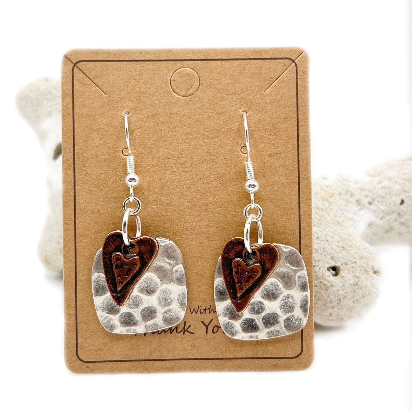 Boho Heart Drop Earrings – Hammered Silver with Copper Detail, Rustic Handmade Jewelry Gift