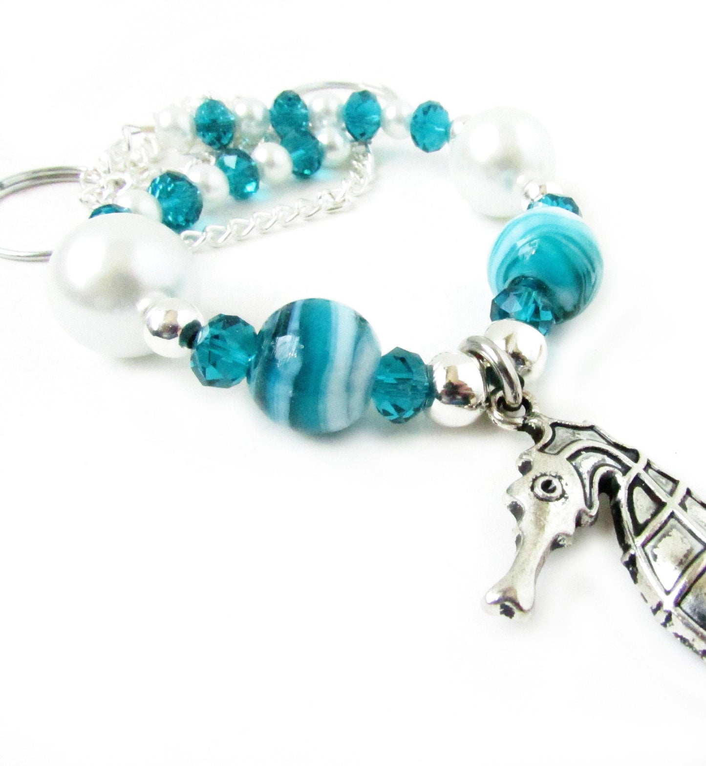 Seahorse Curtain Tiebacks – Teal Crystal Beaded Beach Cottage Chic Decor, Set of 2