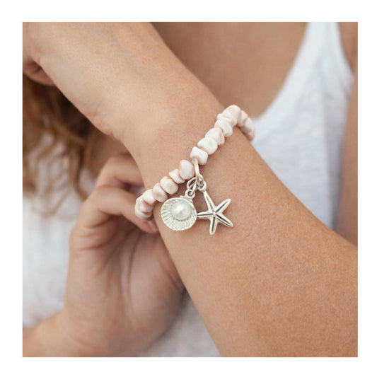 Pink shell and starfish charm bracelet — handmade coastal beach jewelry