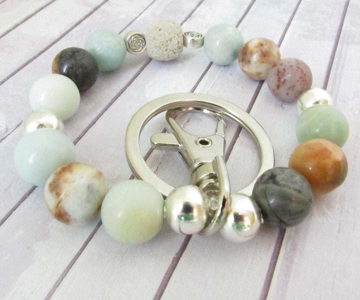 Amazonite Bracelet Keychain – Essential Oil Diffuser Wristlet Lanyard, Coastal Beach Gift