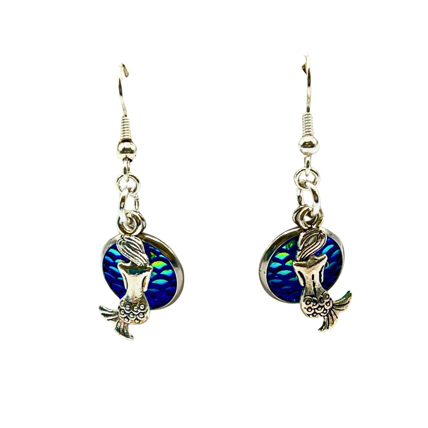 Mermaid Scale Dangle Earrings – Iridescent Fish Scale & Tiny Mermaid Charms, Coastal Ocean Gift