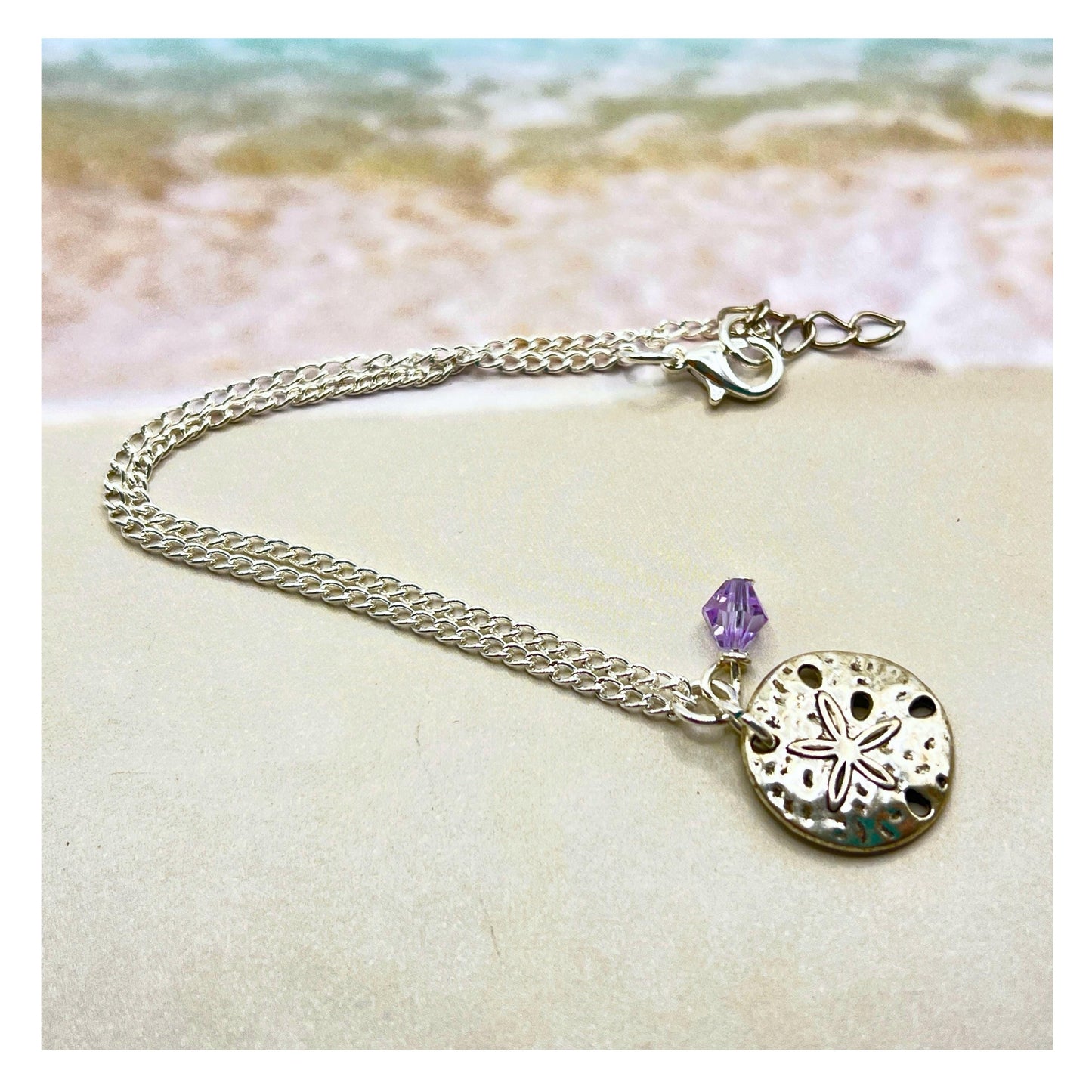 Sand Dollar Anklet – Purple Crystal Beach Ankle Bracelet, Handmade Coastal Jewelry Gift
