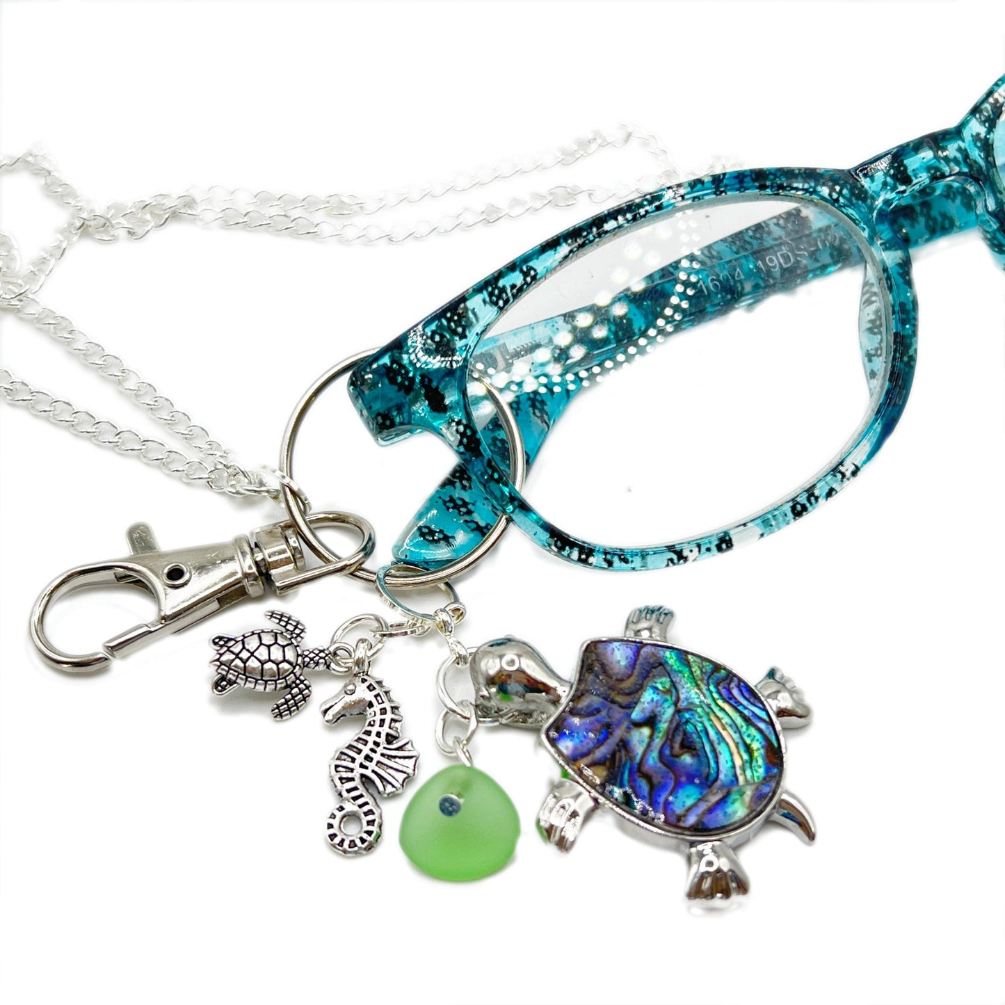 Sea Turtle Eyeglass Lanyard – Sea Glass & Abalone Shell Coastal Necklace Holder, Gift for Her