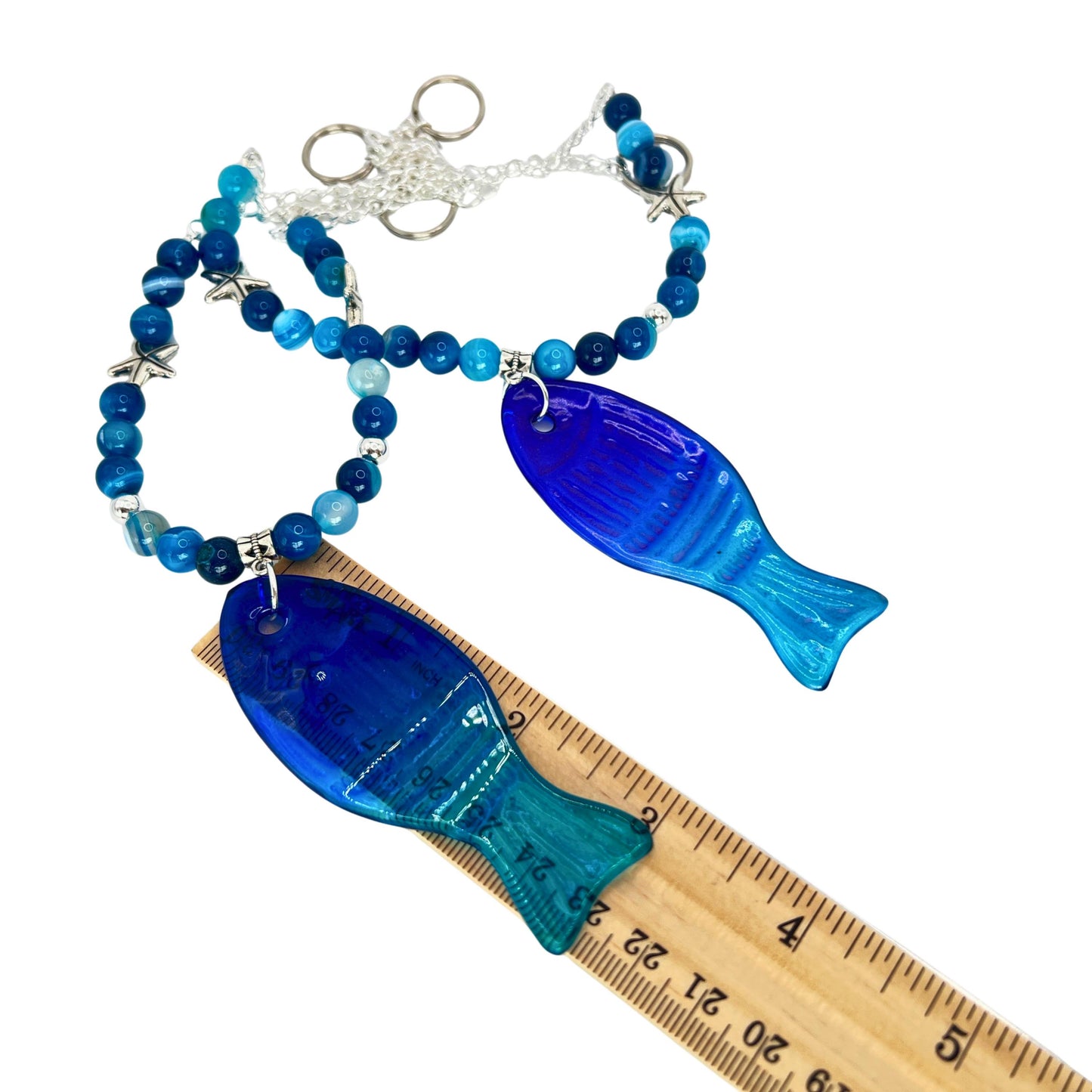 Blue Glass Fish Curtain Tiebacks – Ombre Beaded Nautical Beach Home Decor, Handmade Set of 2
