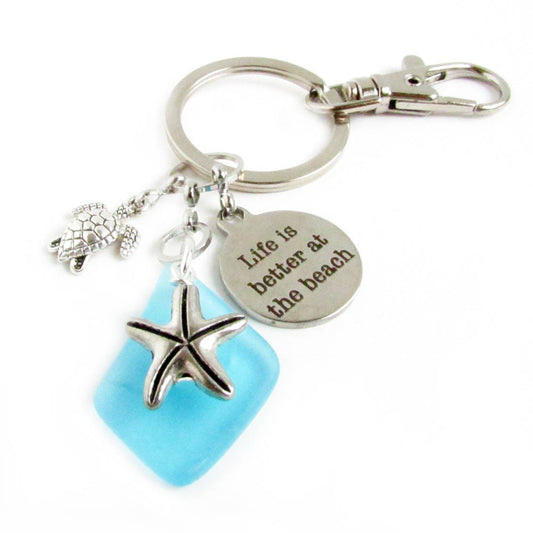 Starfish Keychain with Sea Glass Bead & Turtle Charm – Beach Lover Gift