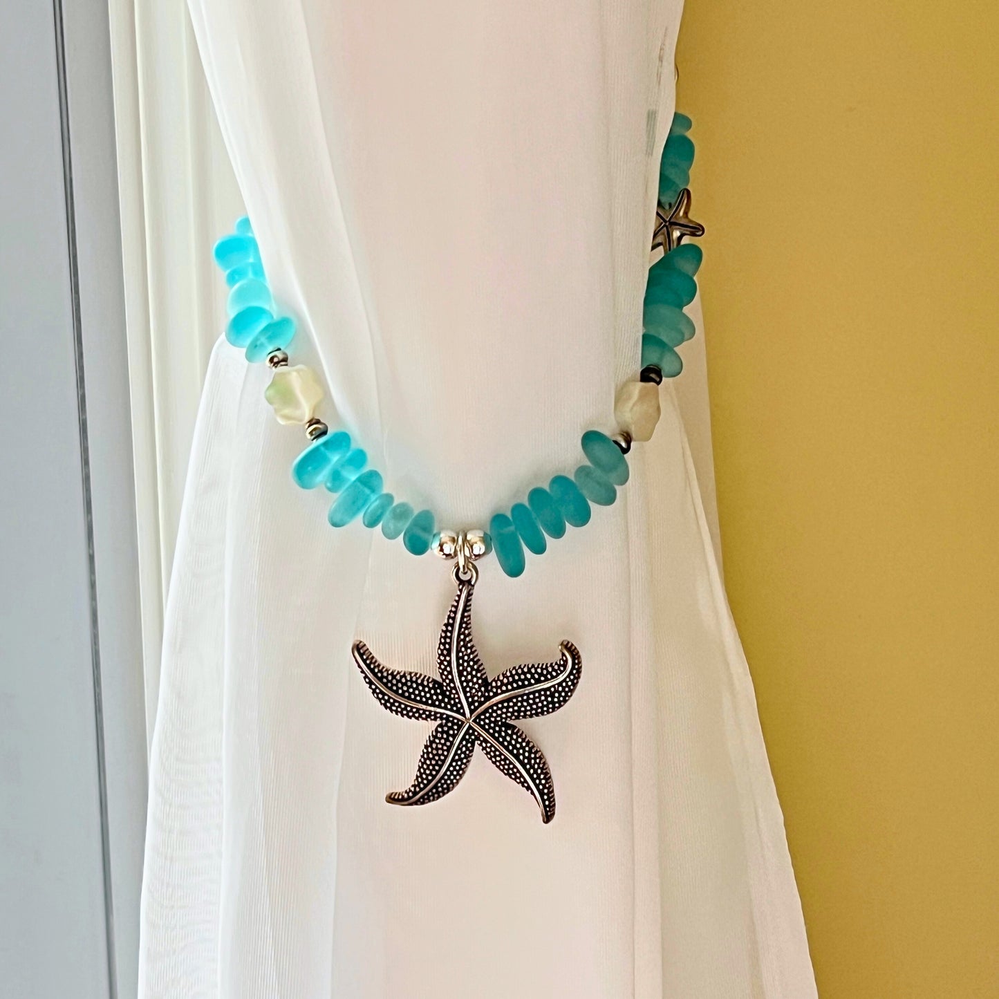 Starfish Curtain Tiebacks – Blue Sea Glass Beaded Coastal Beach Decor, Set of 2