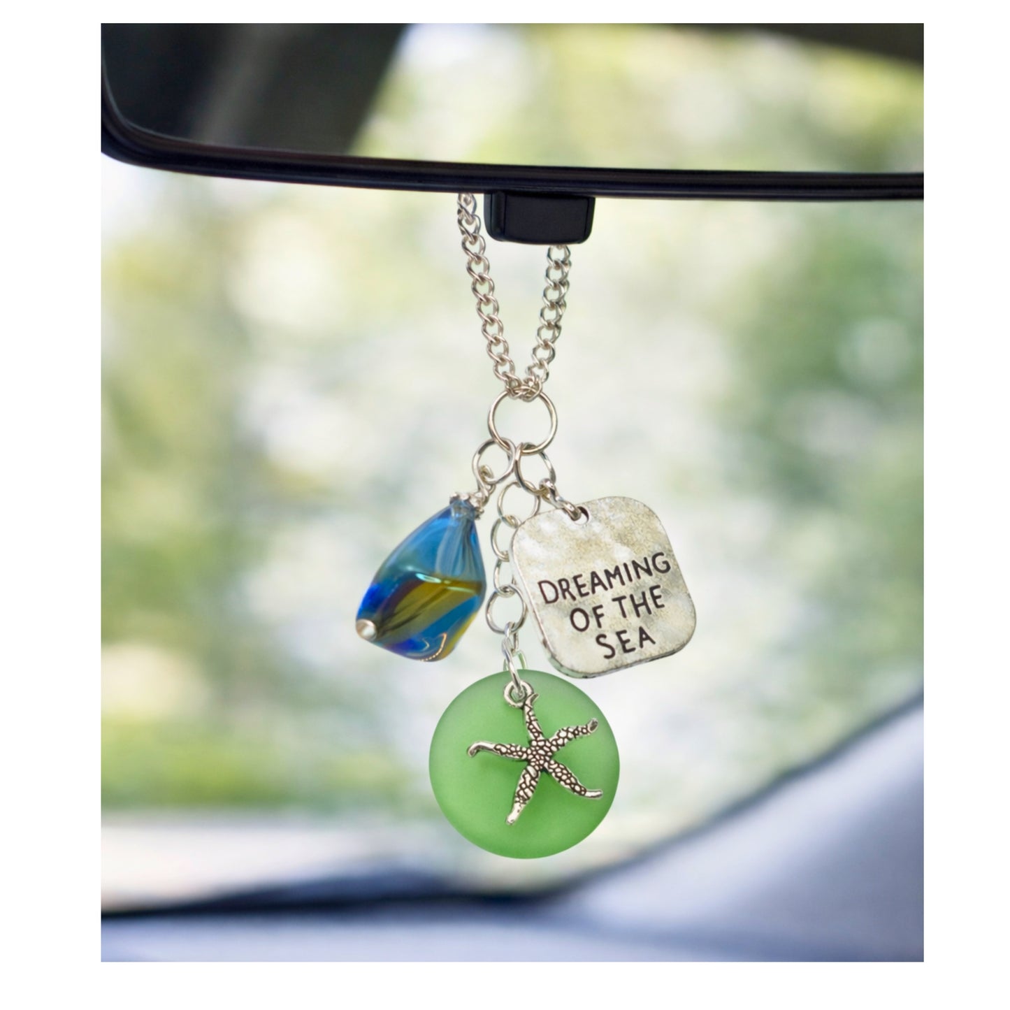 Starfish Car Charm – Sea Glass Rear View Mirror Ornament with Beach Quote