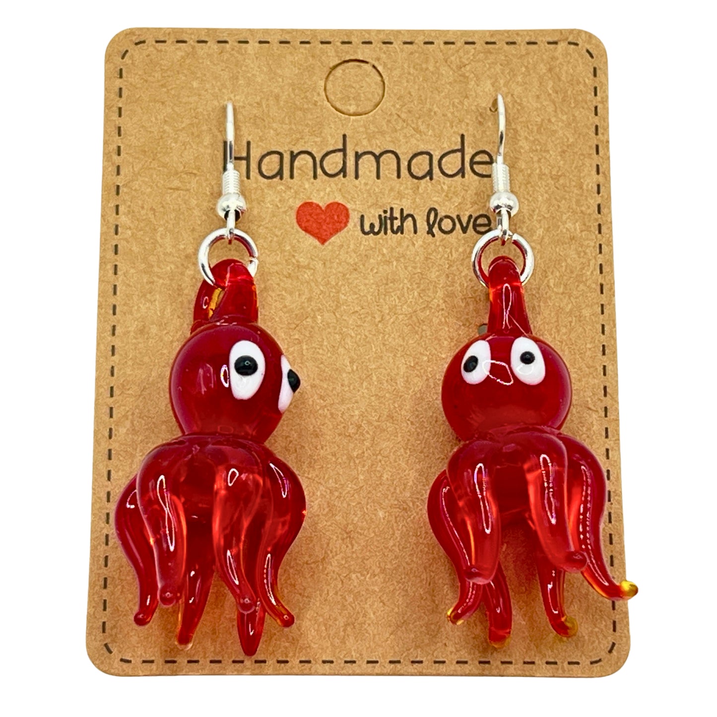 Glass Octopus Dangle Earrings – Red Handmade Blown Glass Nautical Beach Jewelry for Women
