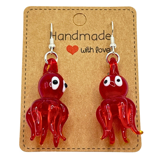Glass Octopus Dangle Earrings – Red Handmade Blown Glass Nautical Beach Jewelry for Women