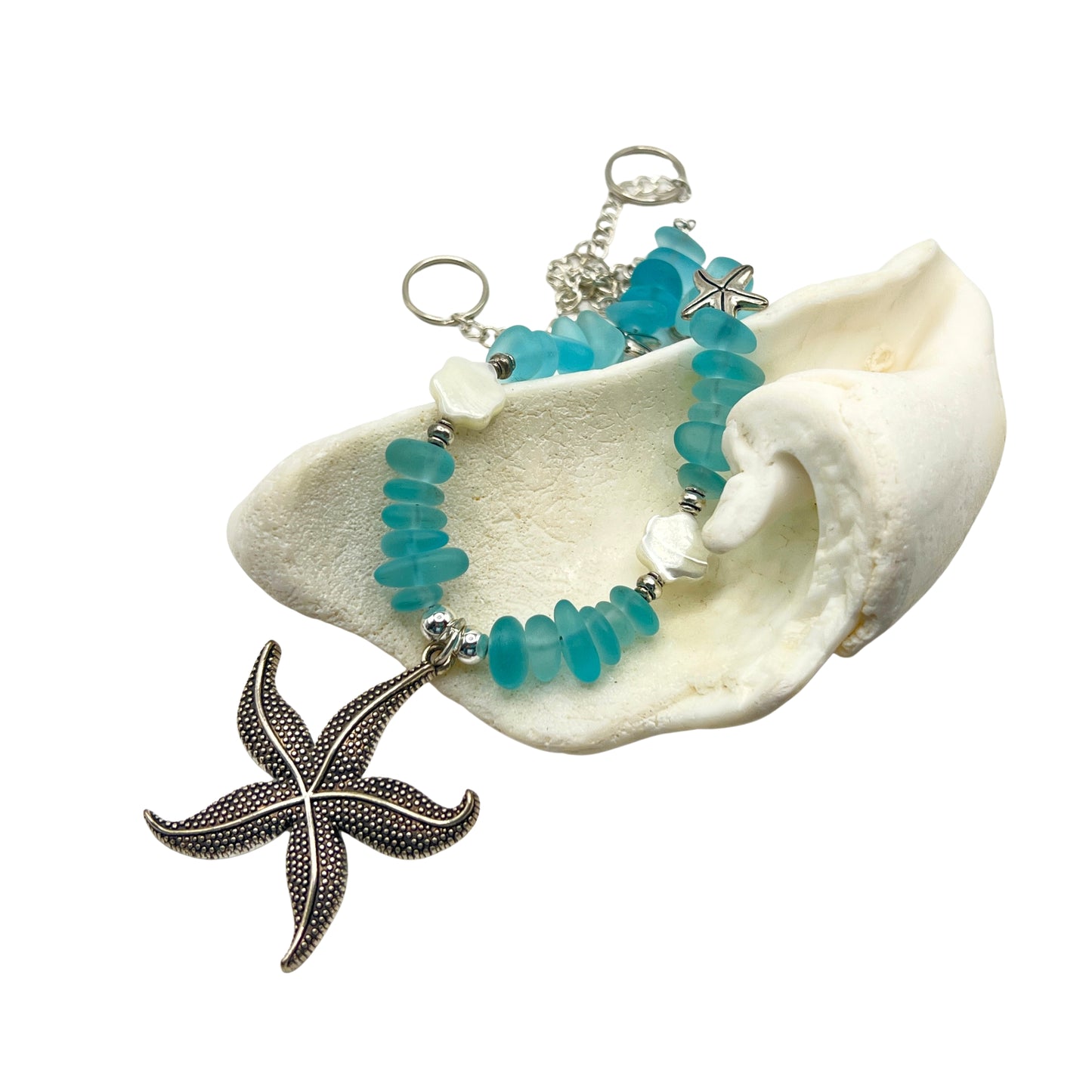 Starfish Curtain Tiebacks – Blue Sea Glass Beaded Coastal Beach Decor, Set of 2