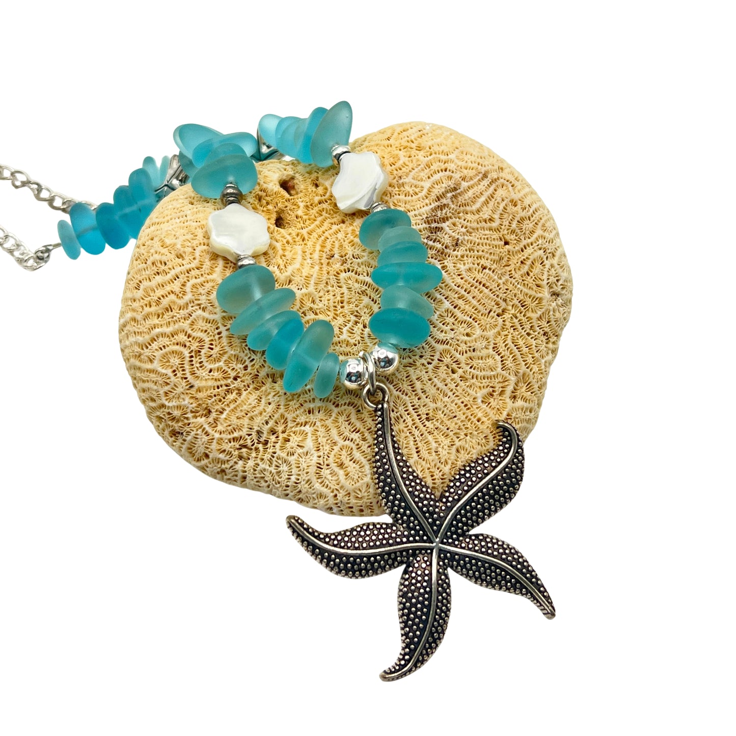 Starfish Curtain Tiebacks – Blue Sea Glass Beaded Coastal Beach Decor, Set of 2