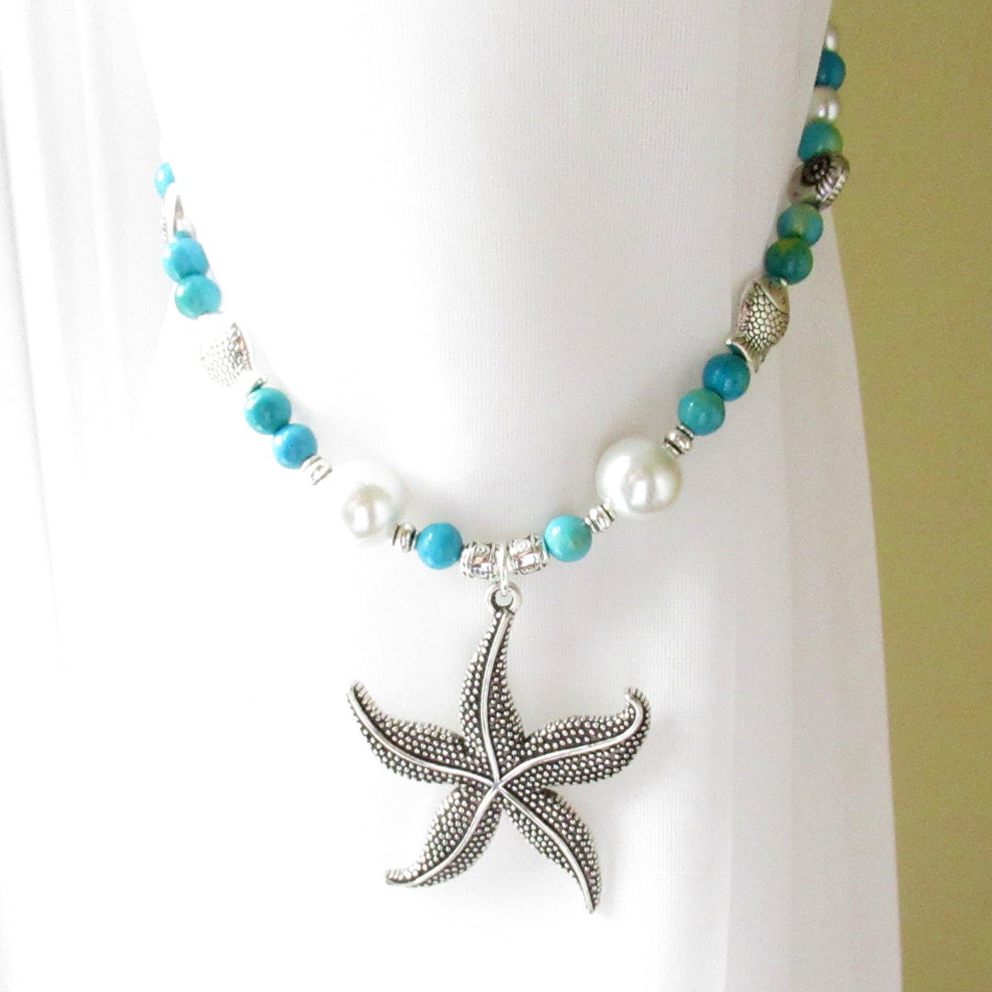 Starfish Curtain Tiebacks – Sea Blue & Green Beaded Nautical Beach Decor, Set of 2