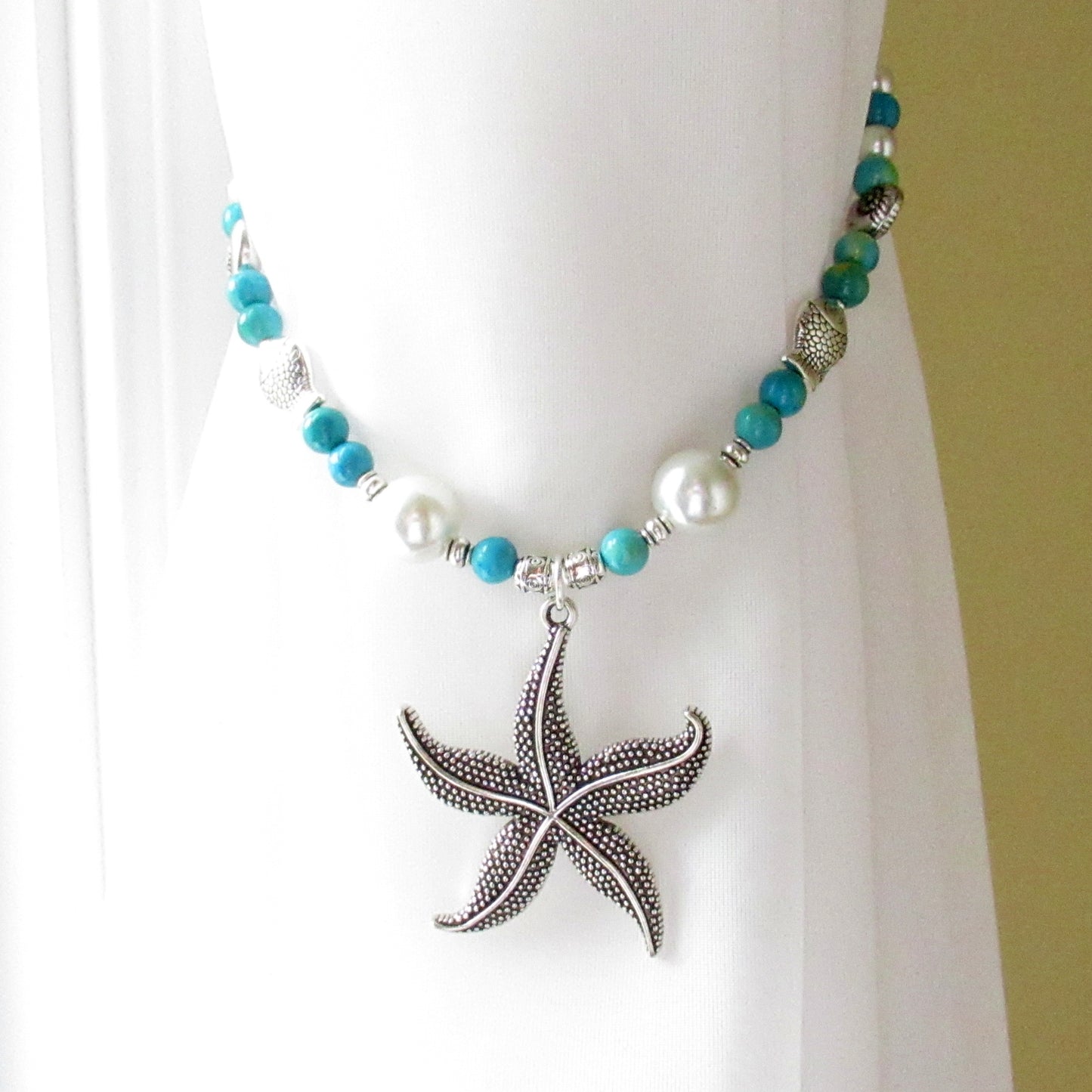 Starfish Curtain Tiebacks – Sea Blue & Green Beaded Nautical Beach Decor, Set of 2