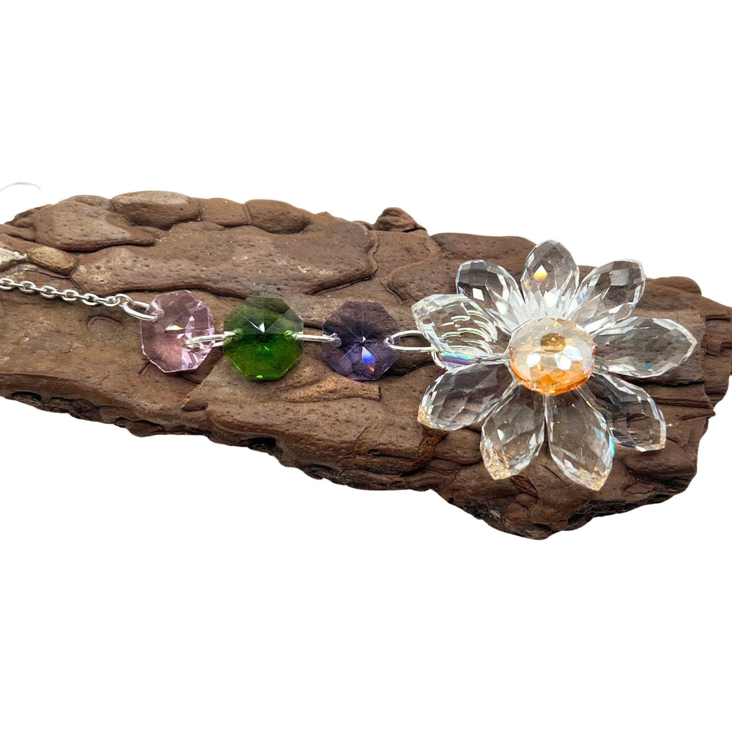 Crystal Flower Sun Catcher, Iridescent Glass Beads, Chain Hanging Decoration for Windows, Car Mirror Ornament