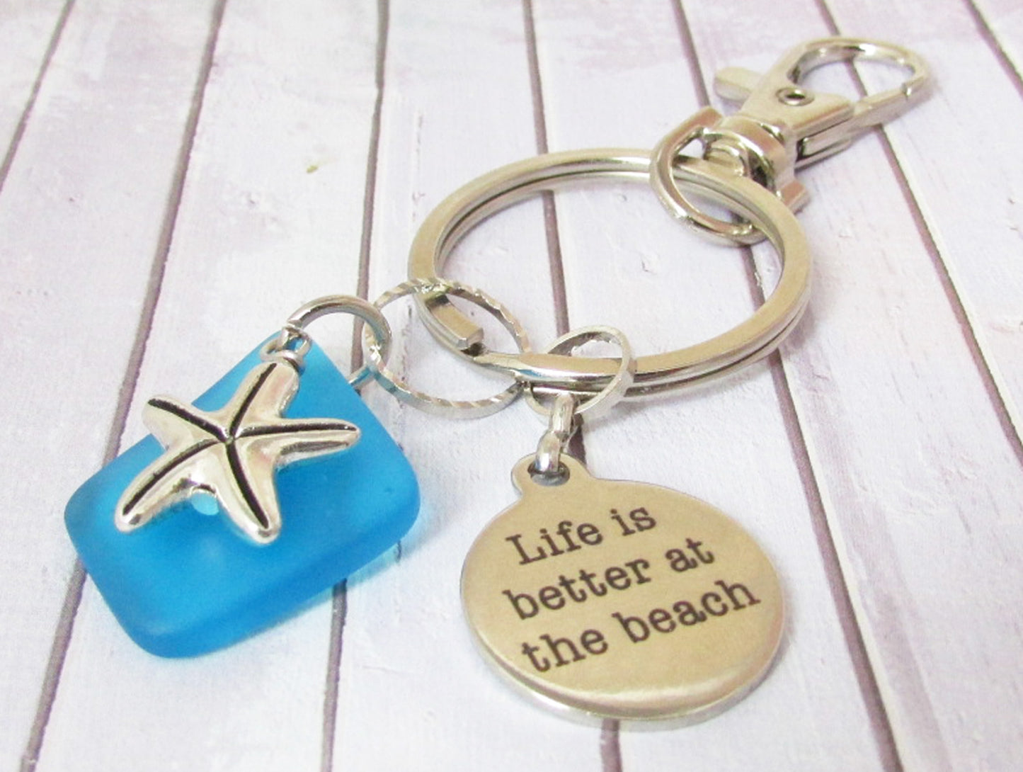 Starfish Keychain – Sea Glass & Beach Quote Charm, Coastal Gift for Her