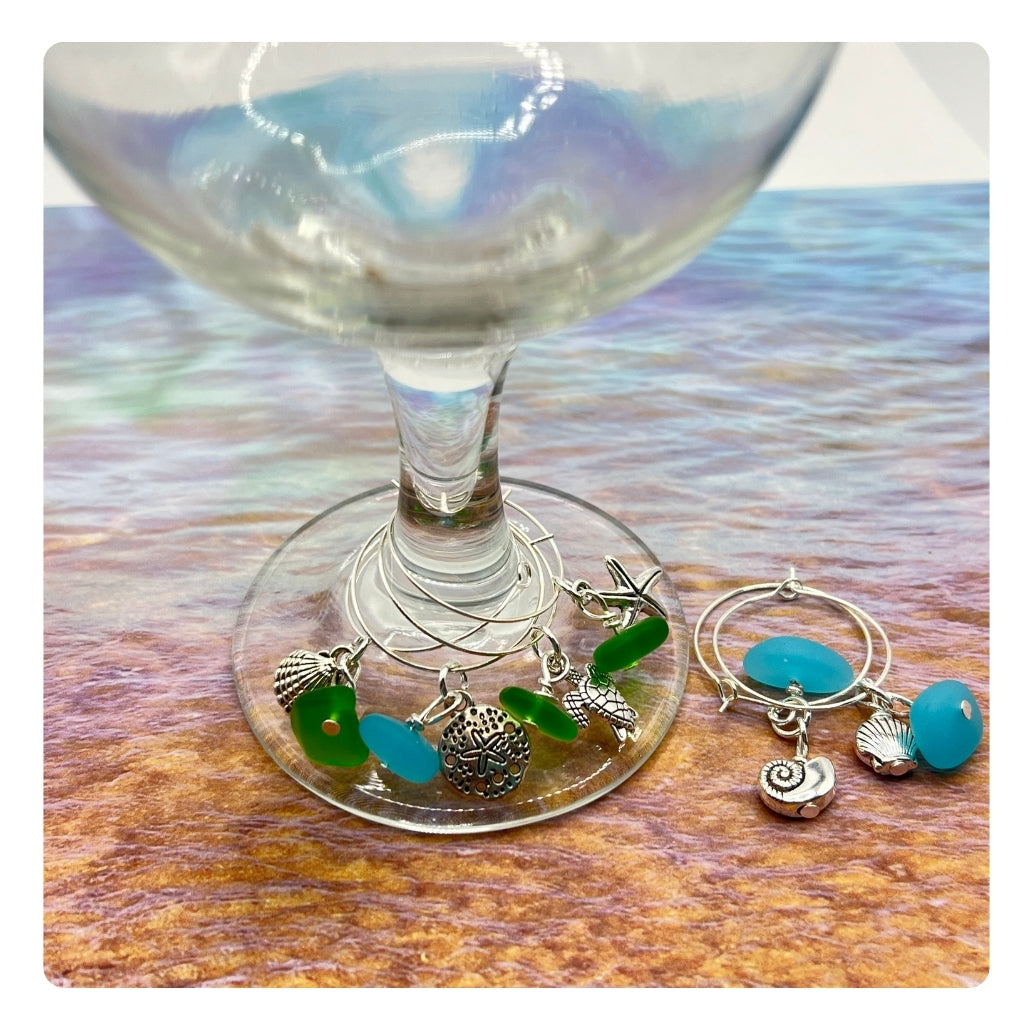 Sea Glass Wine Glass Charms – Nautical Beach Hostess Gift with Sea Turtle & Starfish, Set of 6