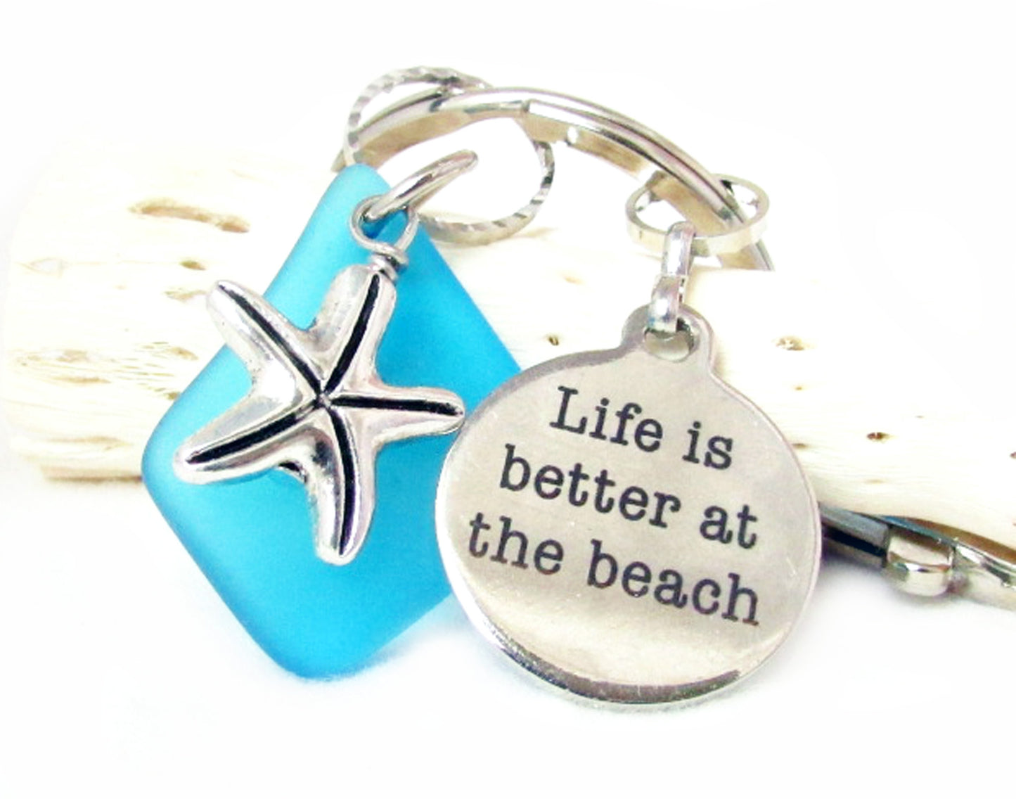 Starfish Keychain – Sea Glass & Beach Quote Charm, Coastal Gift for Her