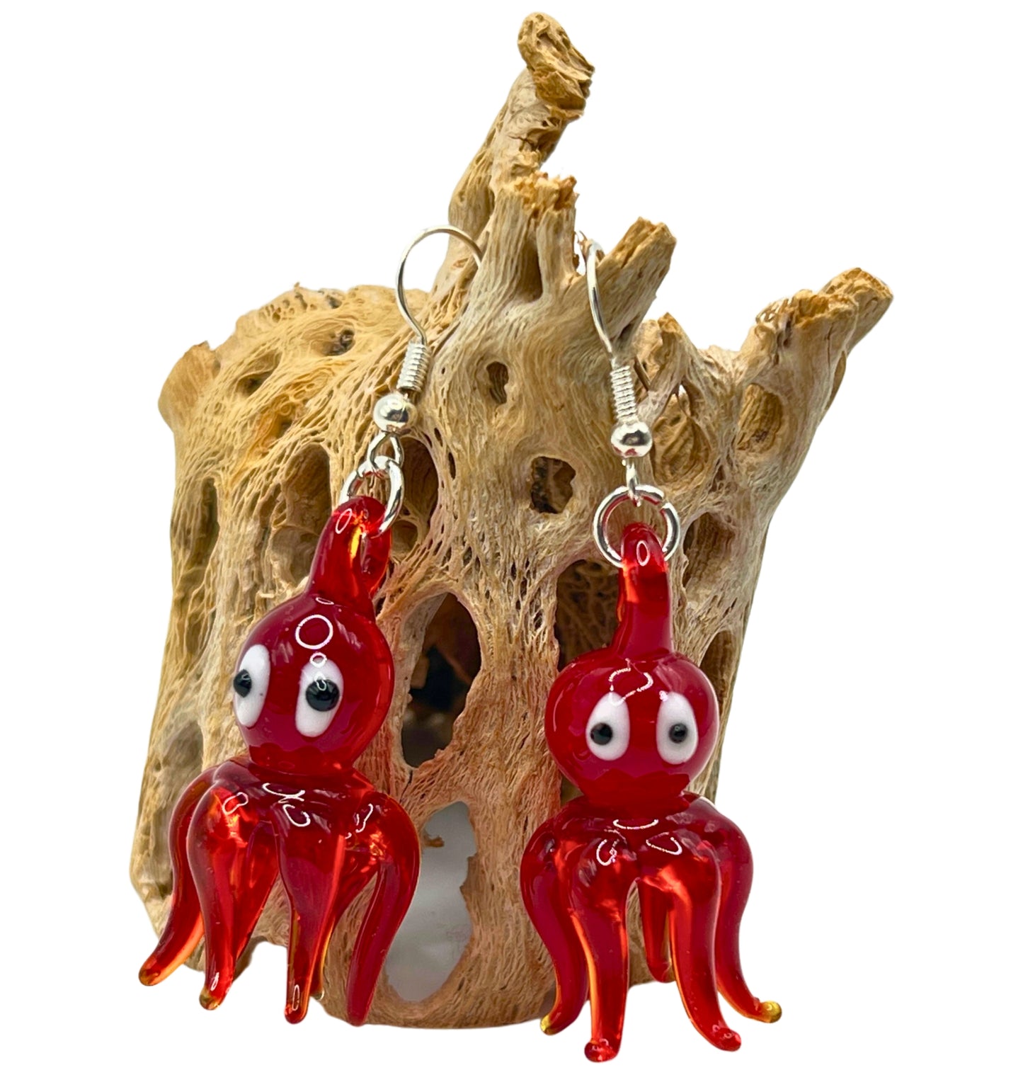 Glass Octopus Dangle Earrings – Red Handmade Blown Glass Nautical Beach Jewelry for Women