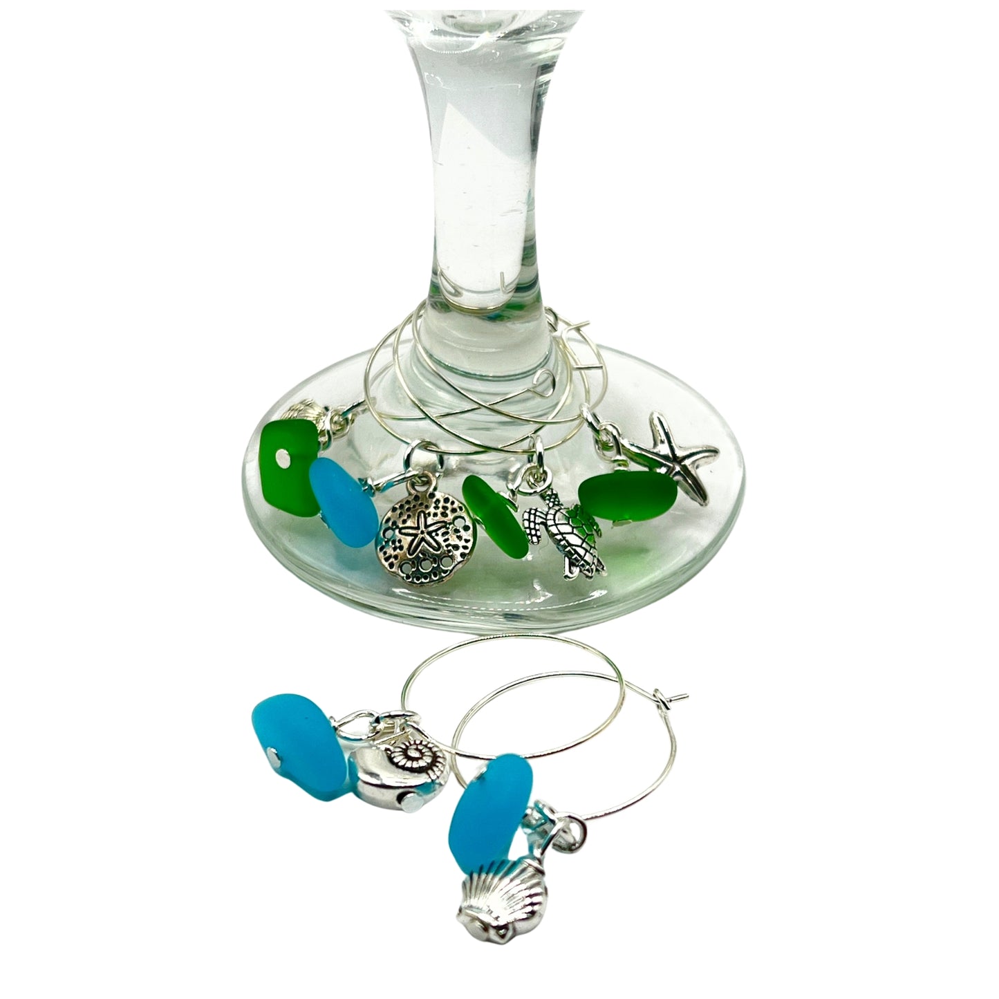 Sea Glass Wine Glass Charms – Nautical Beach Hostess Gift with Sea Turtle & Starfish, Set of 6